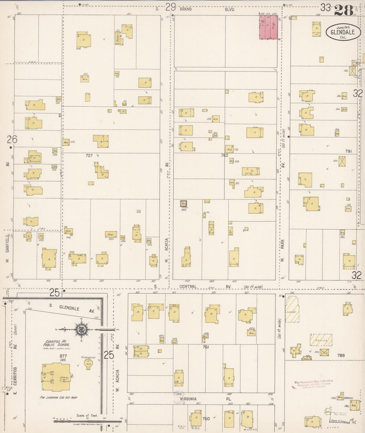 Sanborn Fire Insurance Map from Glendale, Los Angeles County, California (1919), Sheet #0028 - Complete Map Set gallery image, historic Sanborn map, vintage wall art, California California