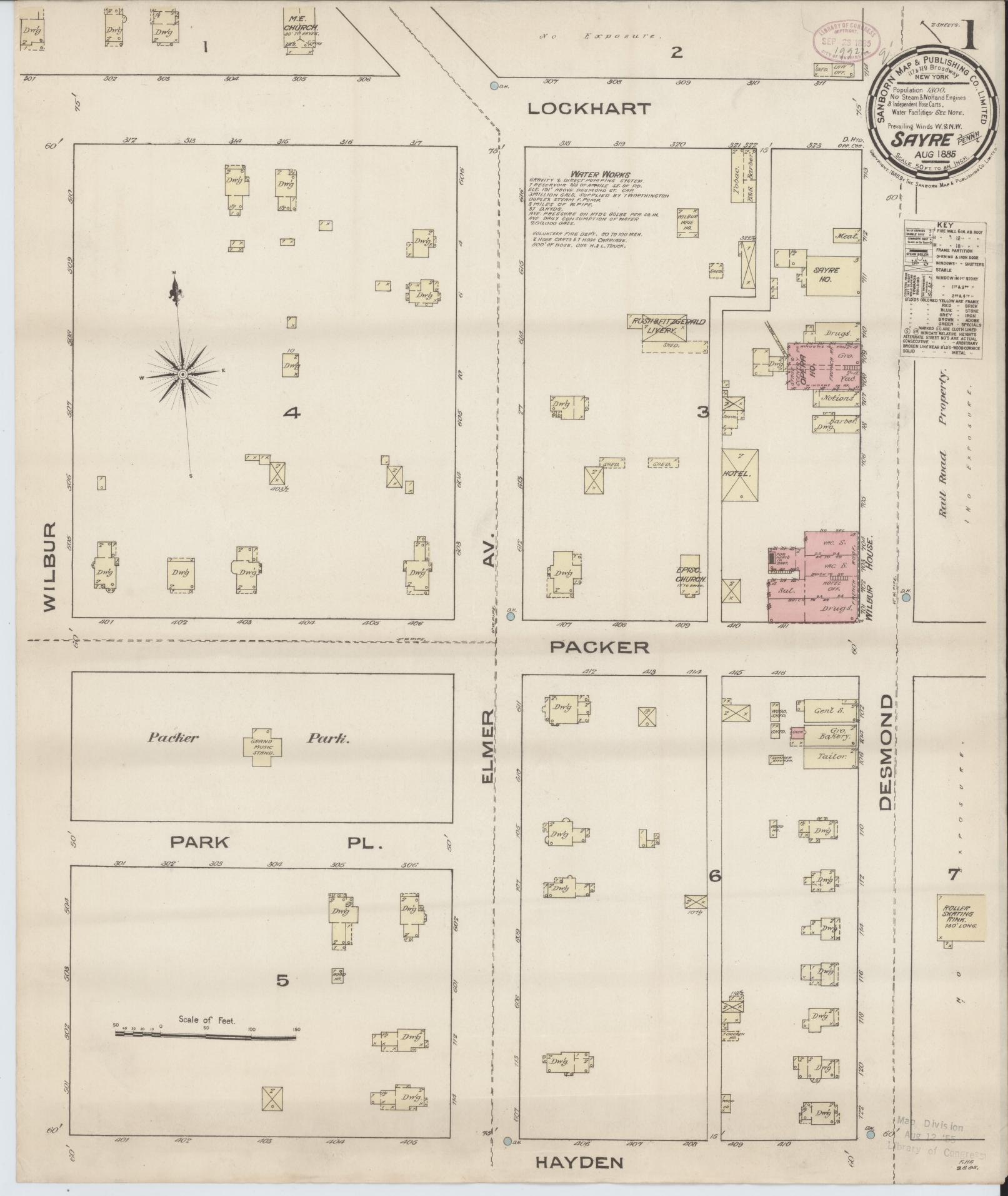 Sanborn Fire Insurance Map from Sayre, Bradford County, Pennsylvania (1885), Sheet #0001 - Complete Map Set gallery image, historic Sanborn map, vintage wall art, Pennsylvania Pennsylvania