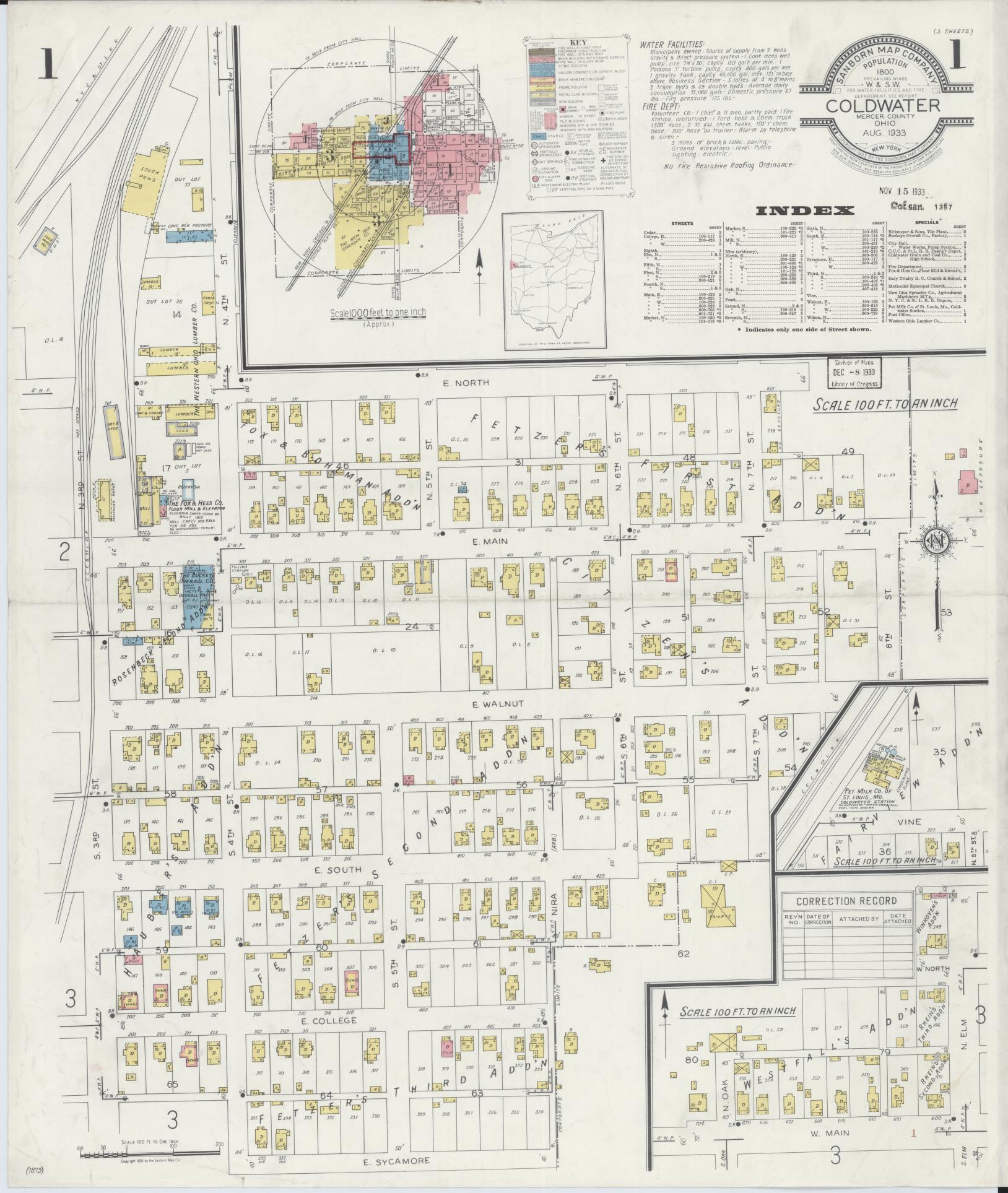 Sanborn Fire Insurance Map from Cold Water, Mercer County, Ohio (1933), Sheet #0001 - Complete Map Set gallery image, historic Sanborn map, vintage wall art, Ohio Ohio