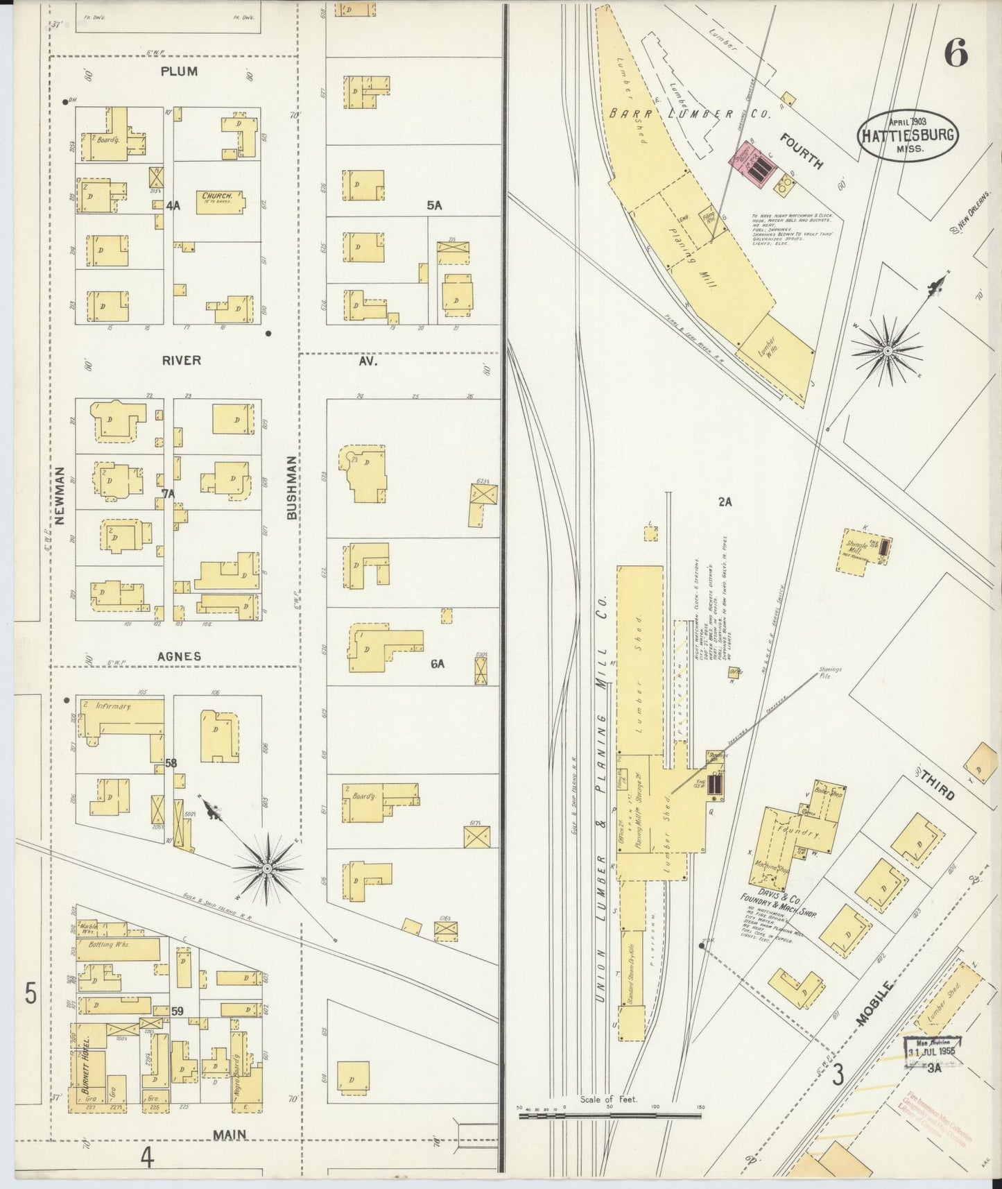 Sanborn Fire Insurance Map from Hattiesburg, Forrest County, Mississippi (1903), Sheet #0006 - Historic Sanborn Fire Insurance Map Print, vintage old map wall art, antique decor, genealogy gift, Mississippi Mississippi map