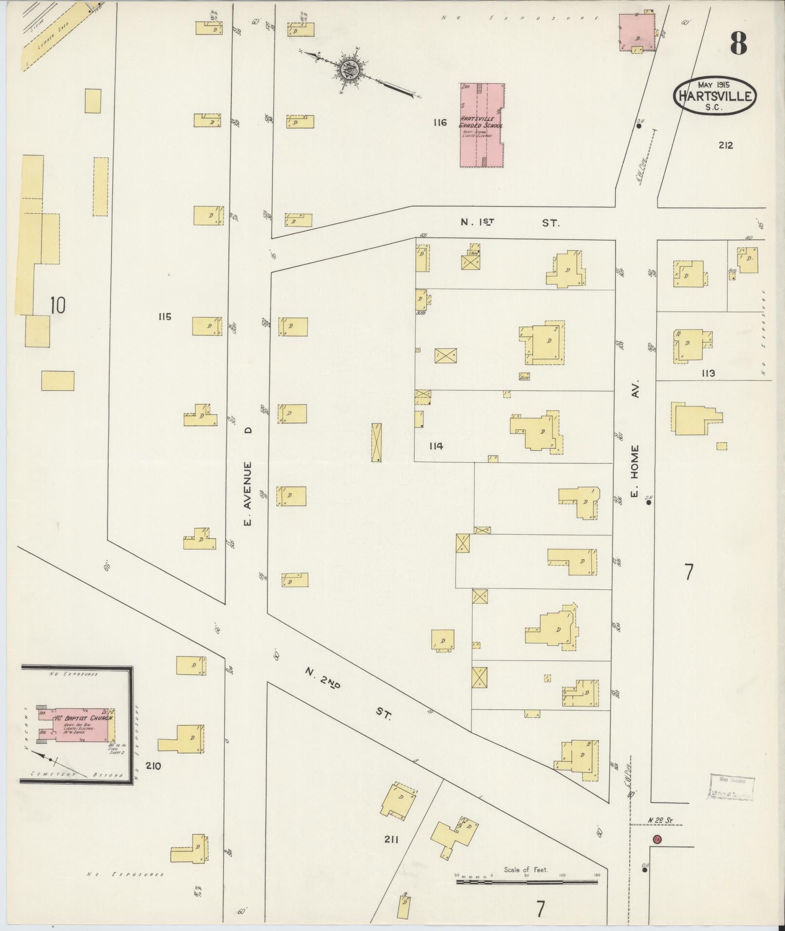 Sanborn Fire Insurance Map from Hartsville, Darlington County, South Carolina (1915), Sheet #0008 - Historic Sanborn Fire Insurance Map Print, vintage old map wall art, antique decor, genealogy gift, South Carolina South Carolina map