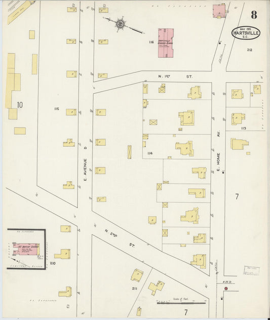 Sanborn Fire Insurance Map from Hartsville, Darlington County, South Carolina (1915), Sheet #0008 - Historic Sanborn Fire Insurance Map Print, vintage old map wall art, antique decor, genealogy gift, South Carolina South Carolina map