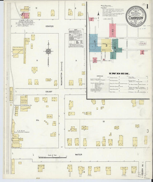 Sanborn Fire Insurance Map from Chardon, Geauga County, Ohio (1911), Sheet #0001 - Historic Sanborn Fire Insurance Map Print, vintage old map wall art, antique decor, genealogy gift, Ohio Ohio map