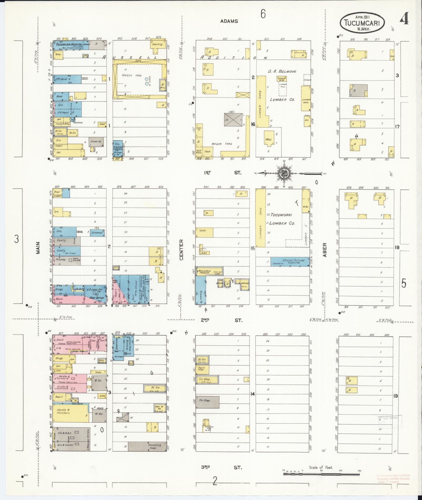 Sanborn Fire Insurance Map from Tucumcari, Quay County, New Mexico (1911), Sheet #0004 - Historic Sanborn Fire Insurance Map Print, vintage old map wall art, antique decor, genealogy gift, New Mexico New Mexico map