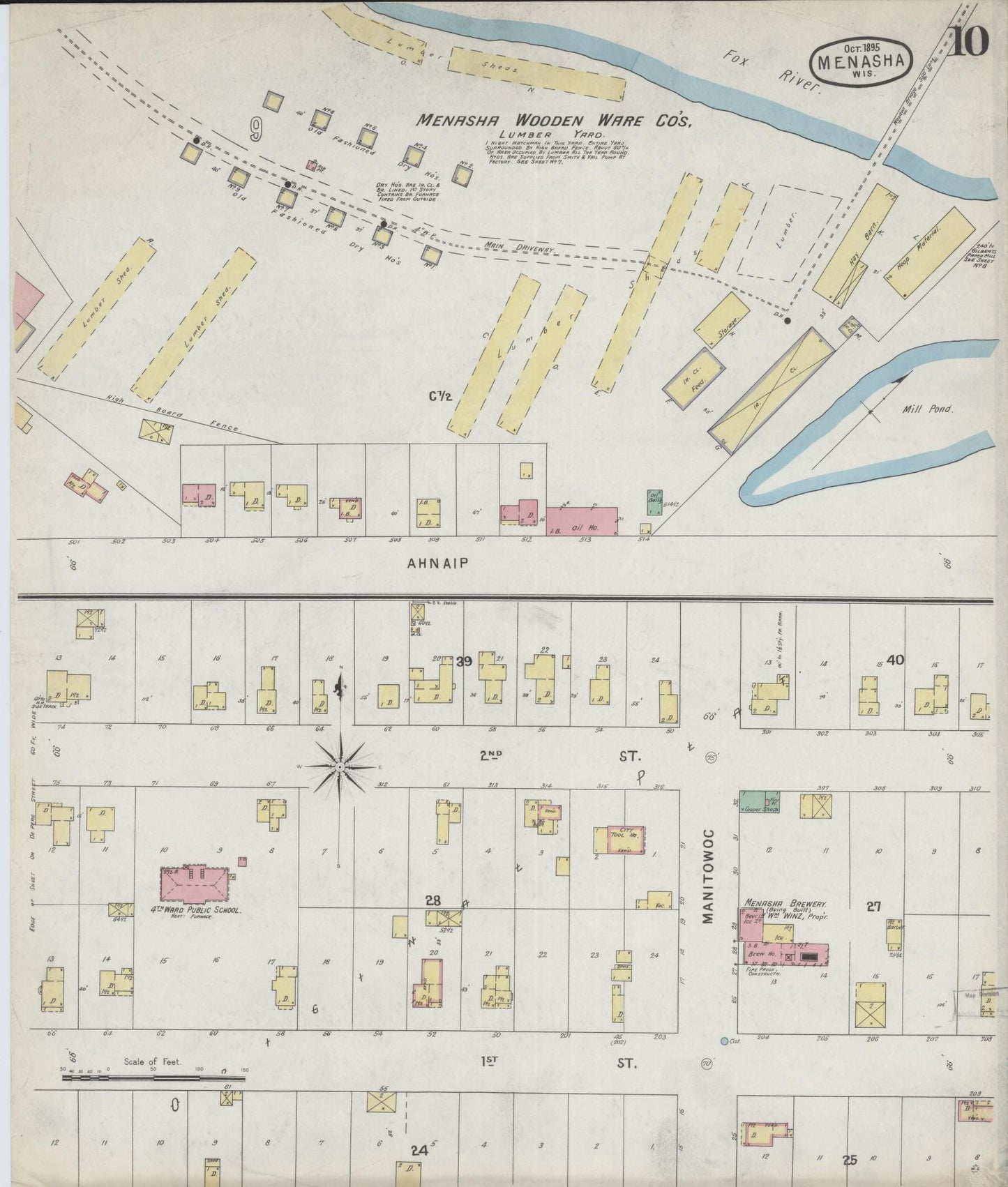 Sanborn Fire Insurance Map from Menasha, Winnebago County, Wisconsin (1895), Sheet #0010 - Historic Sanborn Fire Insurance Map Print, vintage old map wall art, antique decor, genealogy gift, Wisconsin Wisconsin map
