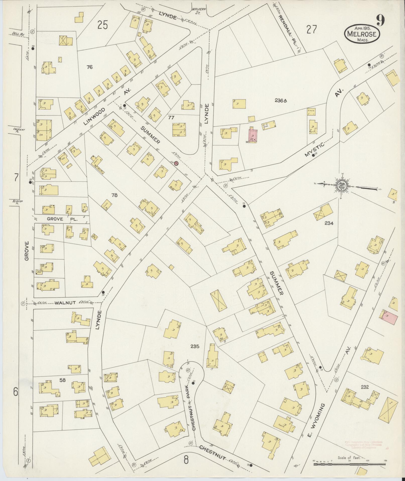 Sanborn Fire Insurance Map from Melrose, Middlesex County, Massachusetts (1915), Sheet #0009 - Complete Map Set gallery image, historic Sanborn map, vintage wall art, Massachusetts Massachusetts