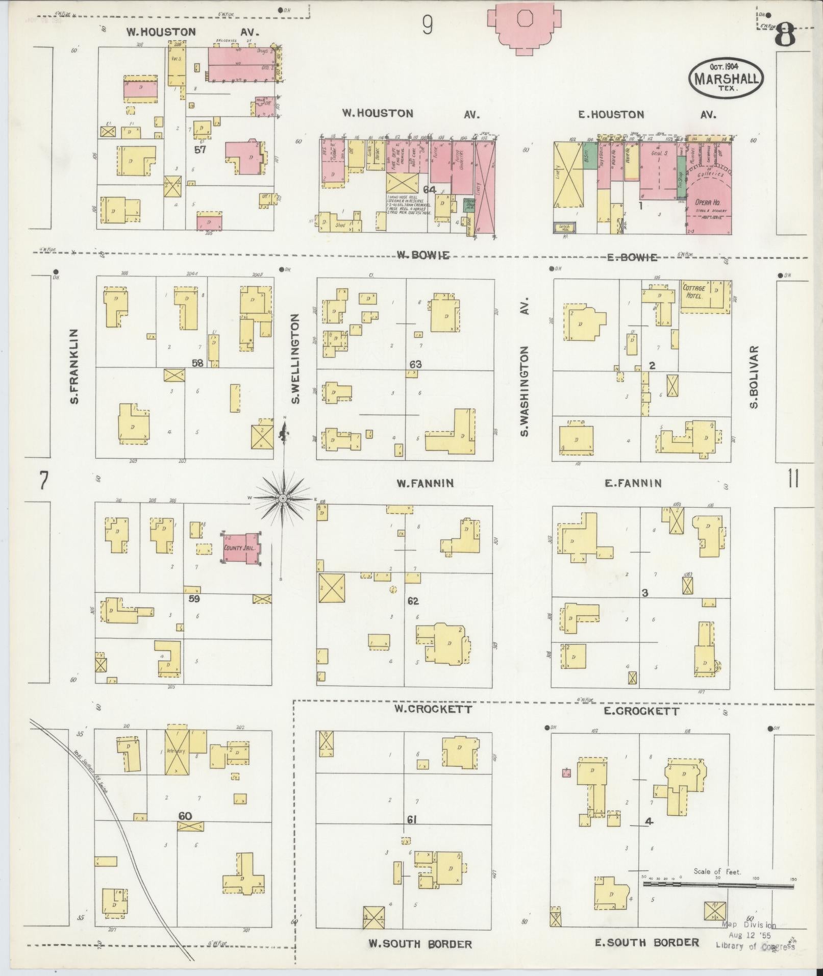 Sanborn Fire Insurance Map from Marshall, Harrison County, Texas (1904), Sheet #0008 - Complete Map Set gallery image, historic Sanborn map, vintage wall art, Texas Texas