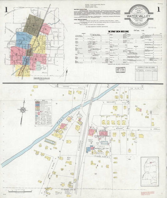Sanborn Fire Insurance Map from Water Valley, Yalobusha County, Mississippi (1932), Sheet #0001 - Historic Sanborn Fire Insurance Map Print, vintage old map wall art, antique decor, genealogy gift, Mississippi Mississippi map