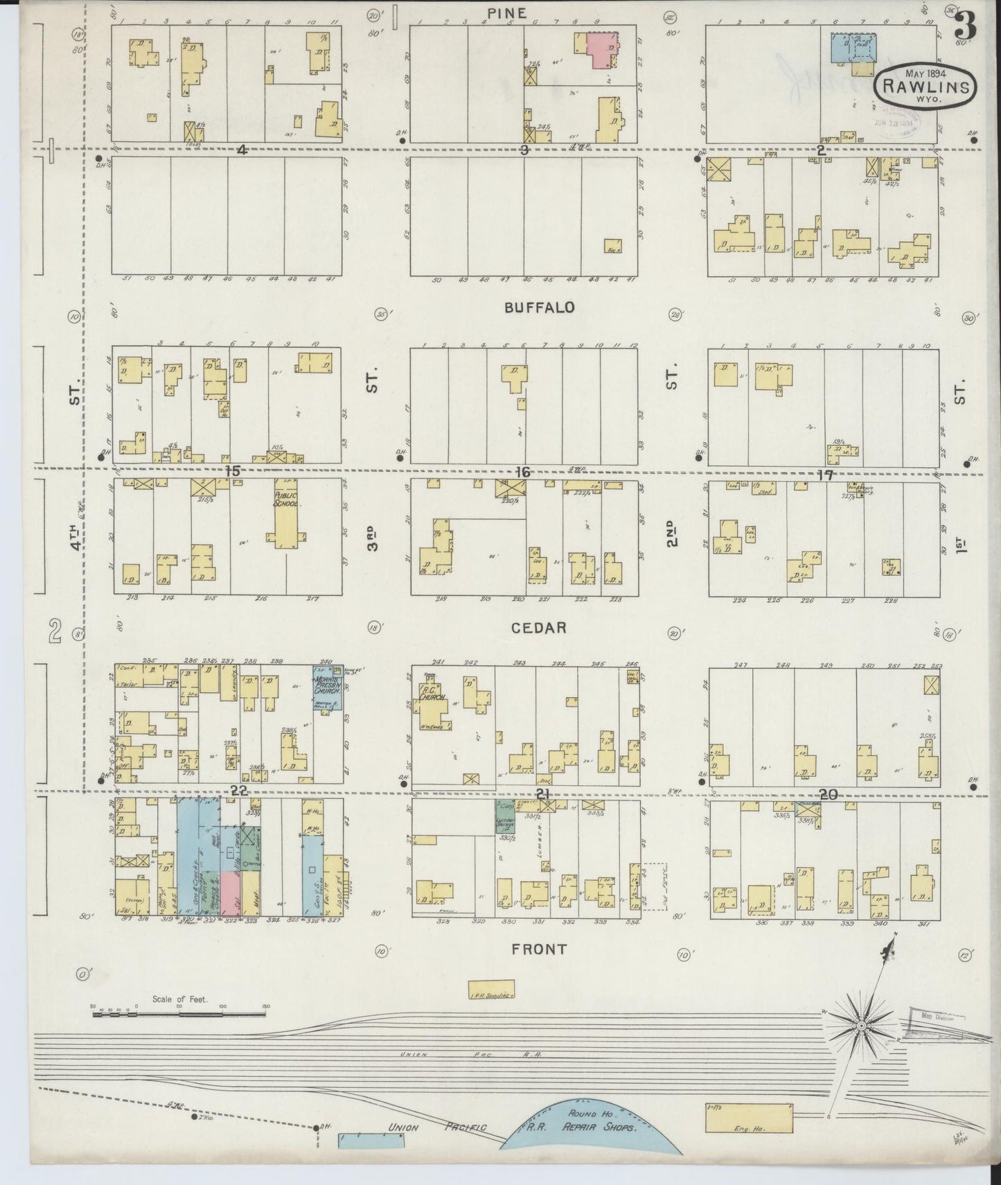 Sanborn Fire Insurance Map from Rawlins, Carbon County, Wyoming (1894), Sheet #0003 - Complete Map Set gallery image, historic Sanborn map, vintage wall art, Wyoming Wyoming