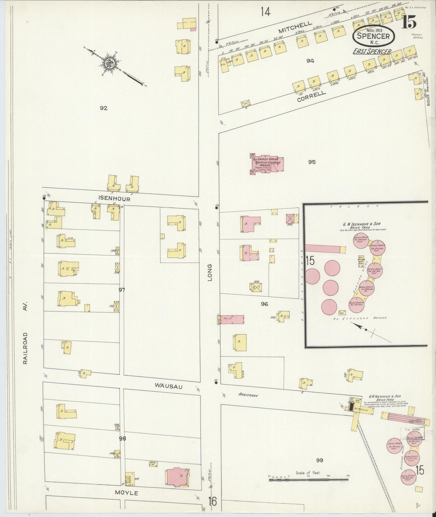 Sanborn Fire Insurance Map from Spencer, Rowan County, North Carolina (1913), Sheet #0015 - Historic Sanborn Fire Insurance Map Print, vintage old map wall art, antique decor, genealogy gift, North Carolina North Carolina map