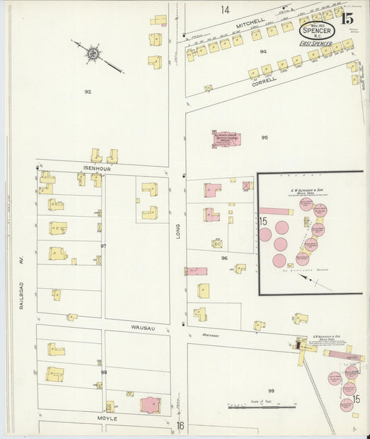 Sanborn Fire Insurance Map from Spencer, Rowan County, North Carolina (1913), Sheet #0015 - Historic Sanborn Fire Insurance Map Print, vintage old map wall art, antique decor, genealogy gift, North Carolina North Carolina map