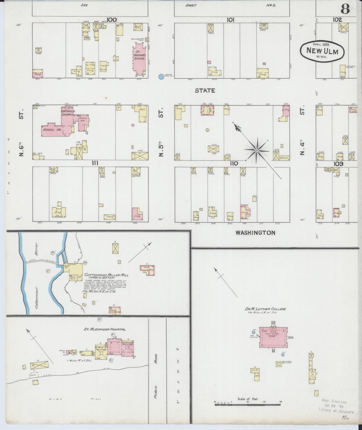 Sanborn Fire Insurance Map from New Ulm, Brown County, Minnesota (1889), Sheet #0008 - Complete Map Set gallery image, historic Sanborn map, vintage wall art, Minnesota Minnesota