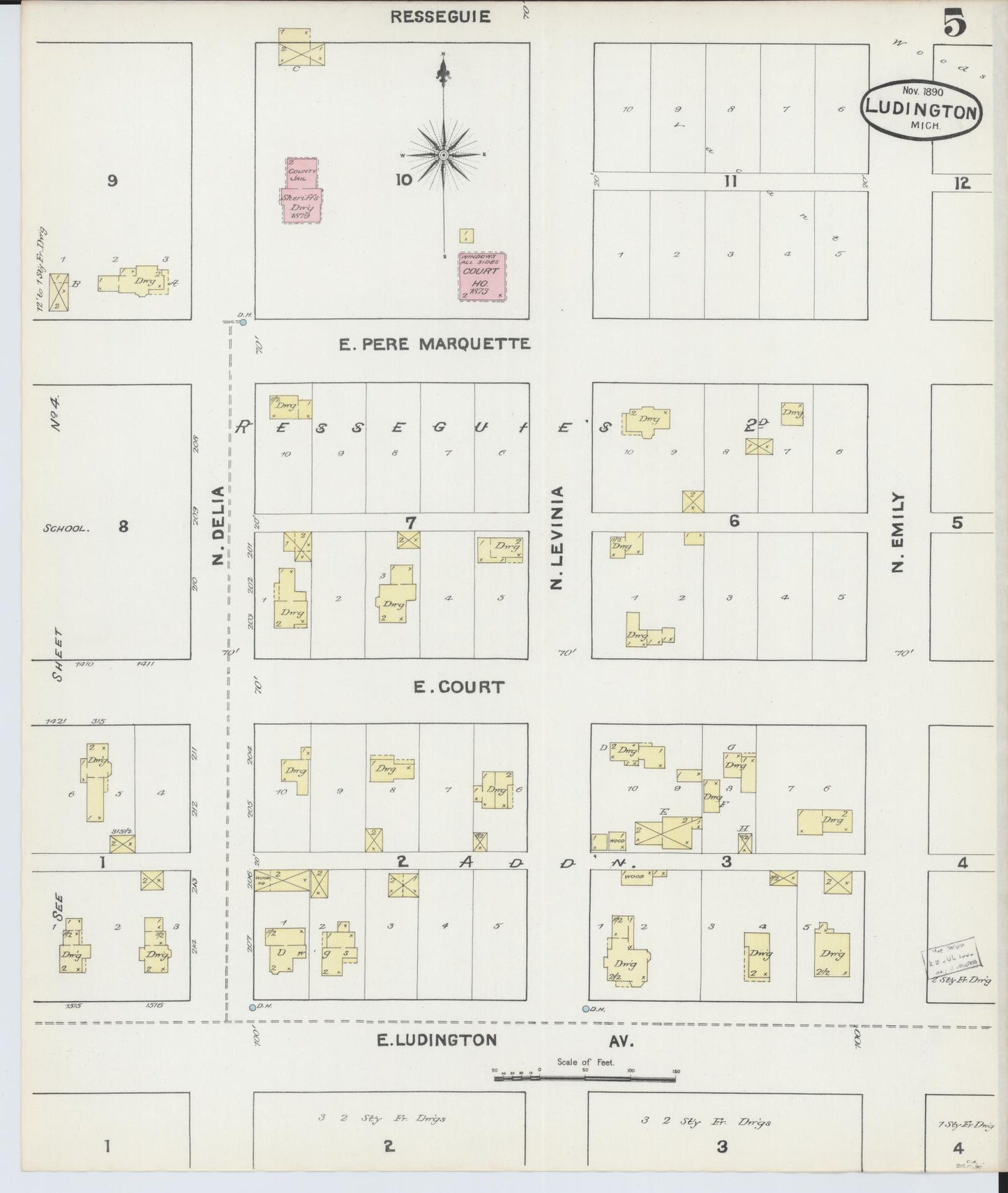 Sanborn Fire Insurance Map from Ludington, Mason County, Michigan (1890), Sheet #0005 - Complete Map Set gallery image, historic Sanborn map, vintage wall art, Michigan Michigan