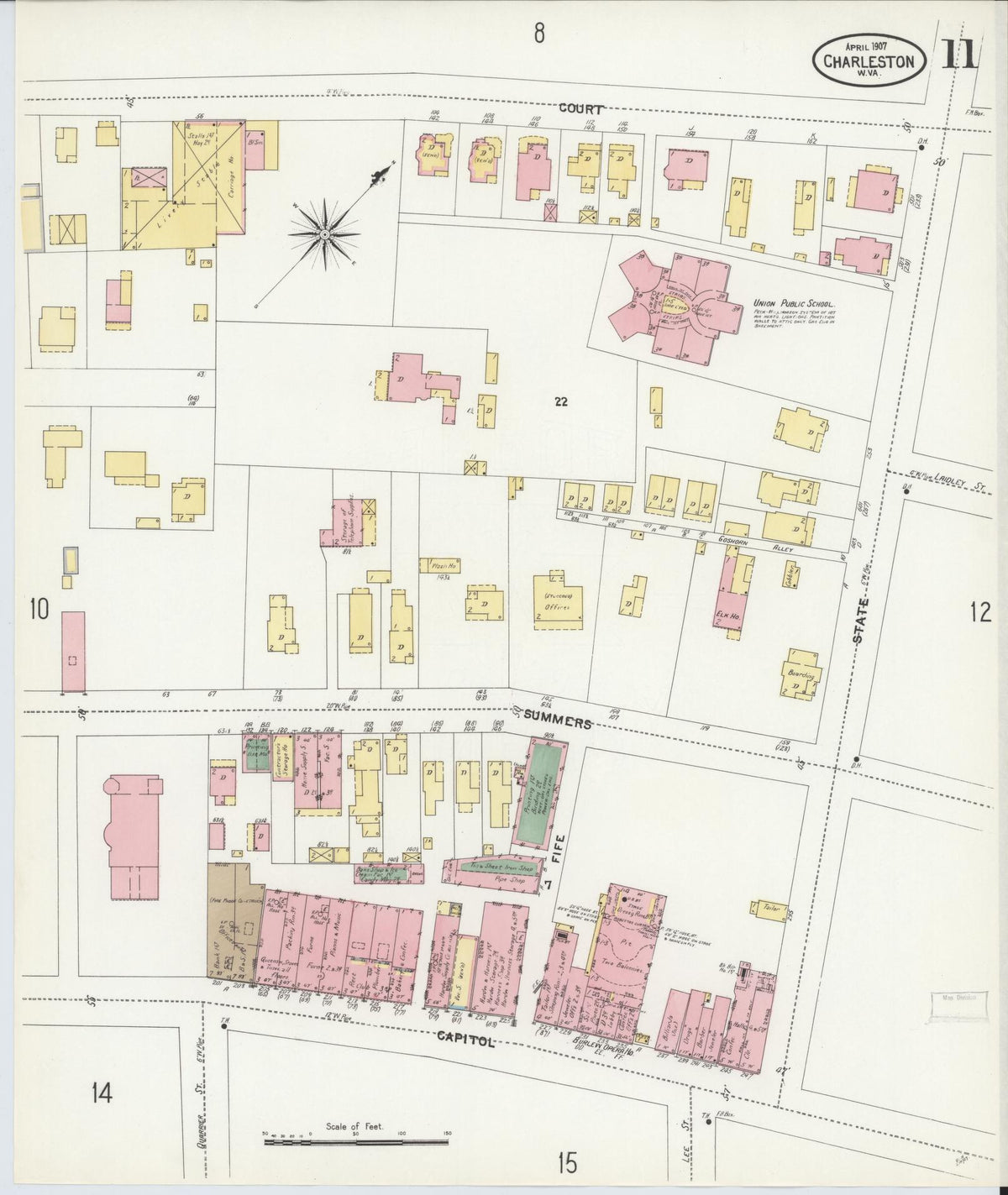 Sanborn Fire Insurance Map from Charleston, Kanawha County, West Virginia (1907), Sheet #0011 - Complete Map Set gallery image, historic Sanborn map, vintage wall art, West Virginia West Virginia