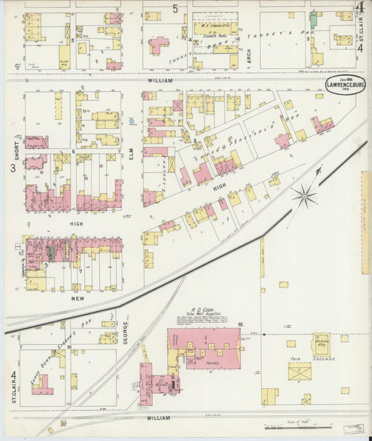 Sanborn Fire Insurance Map from Lawrenceburg, Dearborn County, Indiana (1896), Sheet #0004 - Historic Sanborn Fire Insurance Map Print, vintage old map wall art, antique decor, genealogy gift, Indiana Indiana map