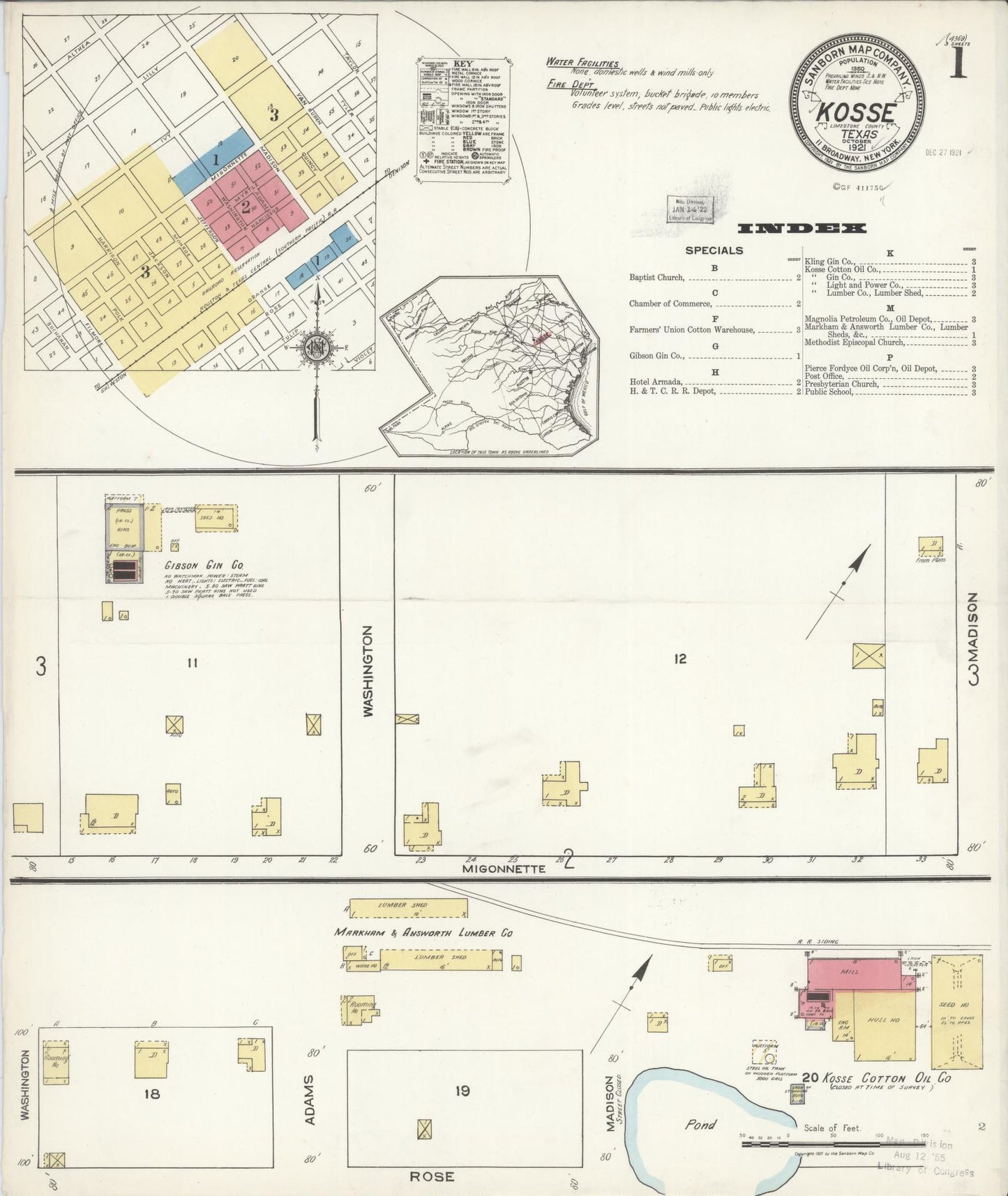 Sanborn Fire Insurance Map from Kosse, Limestone County, Texas (1921), Sheet #0001 - Historic Sanborn Fire Insurance Map Print, vintage old map wall art, antique decor, genealogy gift, Texas Texas map