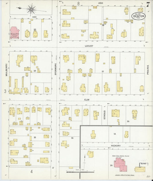 Sanborn Fire Insurance Map from Denton, Denton County, Texas (1901), Sheet #0007 - Historic Sanborn Fire Insurance Map Print, vintage old map wall art, antique decor, genealogy gift, Texas Texas map