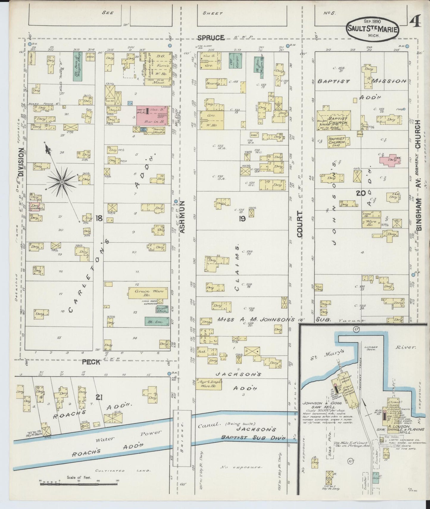 Sanborn Fire Insurance Map from Sault Sainte Marie, Chippewa County, Michigan (1890), Sheet #0004 - Complete Map Set gallery image, historic Sanborn map, vintage wall art, Michigan Michigan
