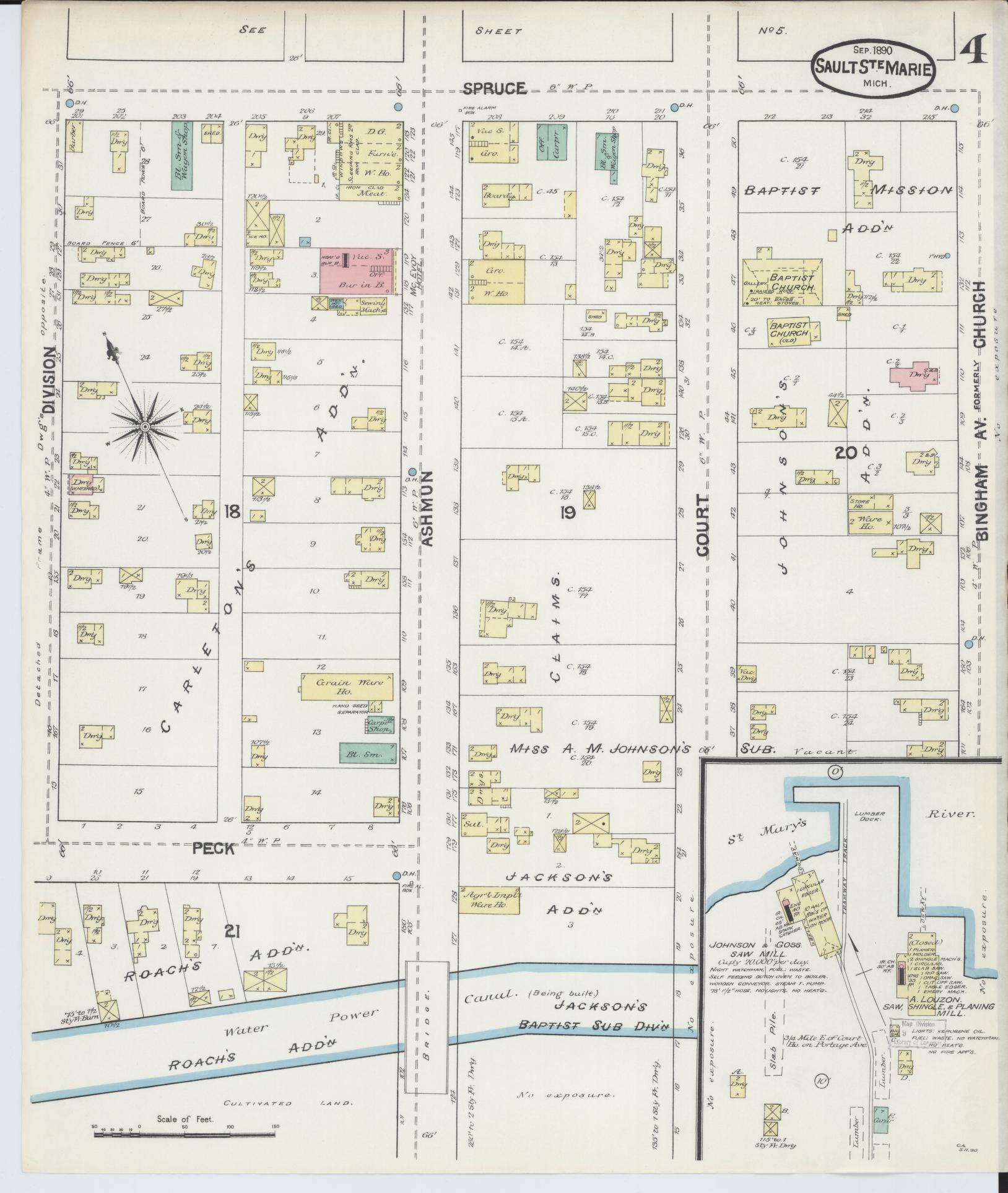 Sanborn Fire Insurance Map from Sault Sainte Marie, Chippewa County, Michigan (1890), Sheet #0004 - Complete Map Set gallery image, historic Sanborn map, vintage wall art, Michigan Michigan