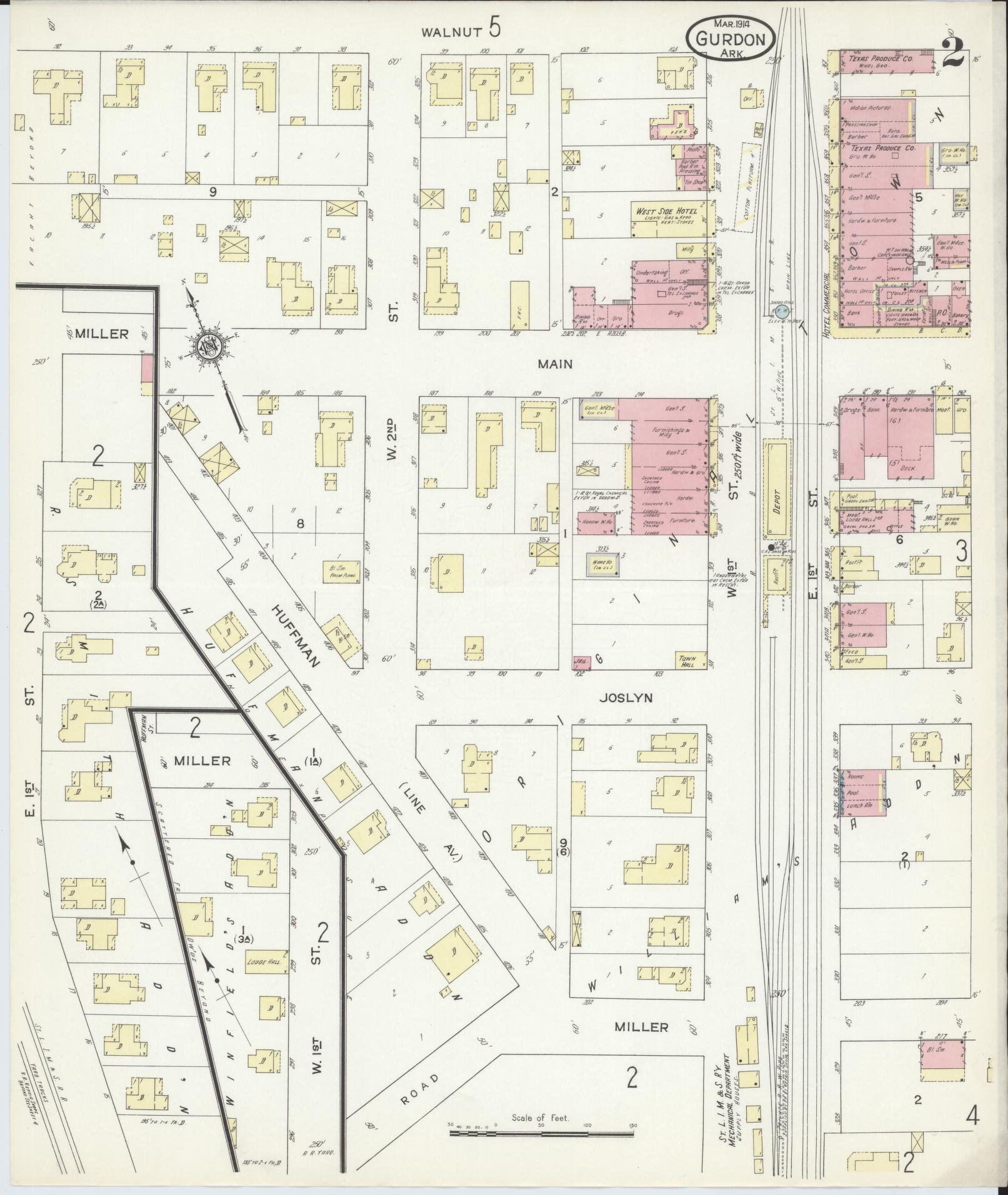 Sanborn Fire Insurance Map from Gurdon, Clark County, Arkansas (1914), Sheet #0002 - Historic Sanborn Fire Insurance Map Print, vintage old map wall art, antique decor, genealogy gift, Arkansas Arkansas map