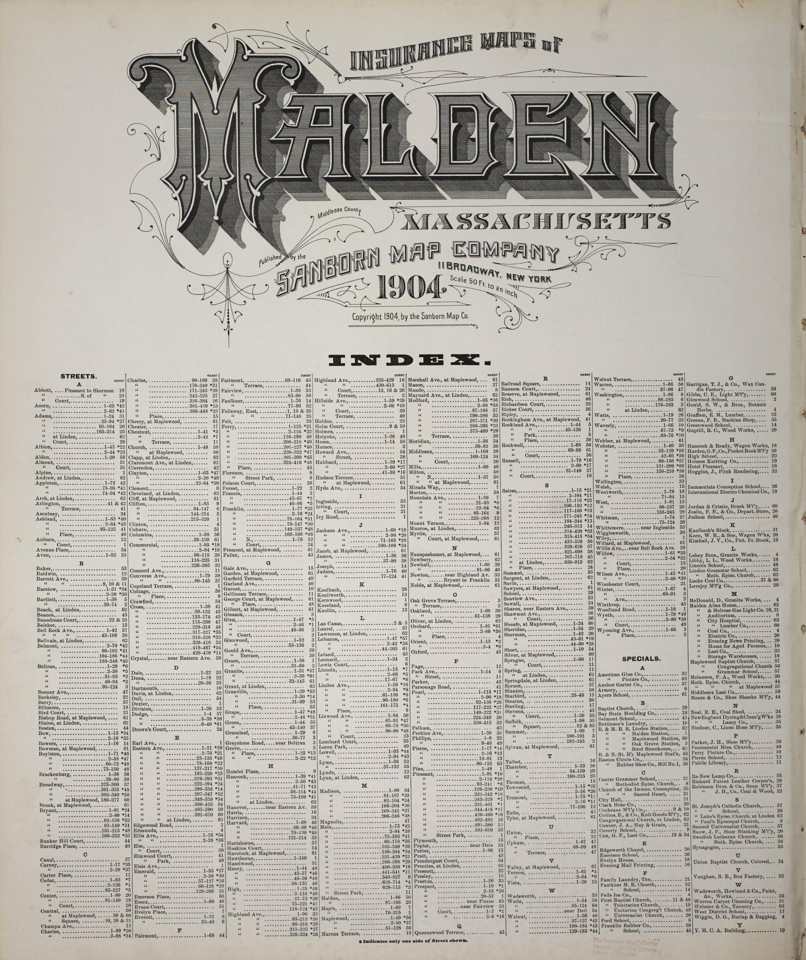 Sanborn Fire Insurance Map from Malden, Middlesex County, Massachusetts (1904), Sheet #0001 - Historic Sanborn Fire Insurance Map Print, vintage old map wall art, antique decor, genealogy gift, Massachusetts Massachusetts map