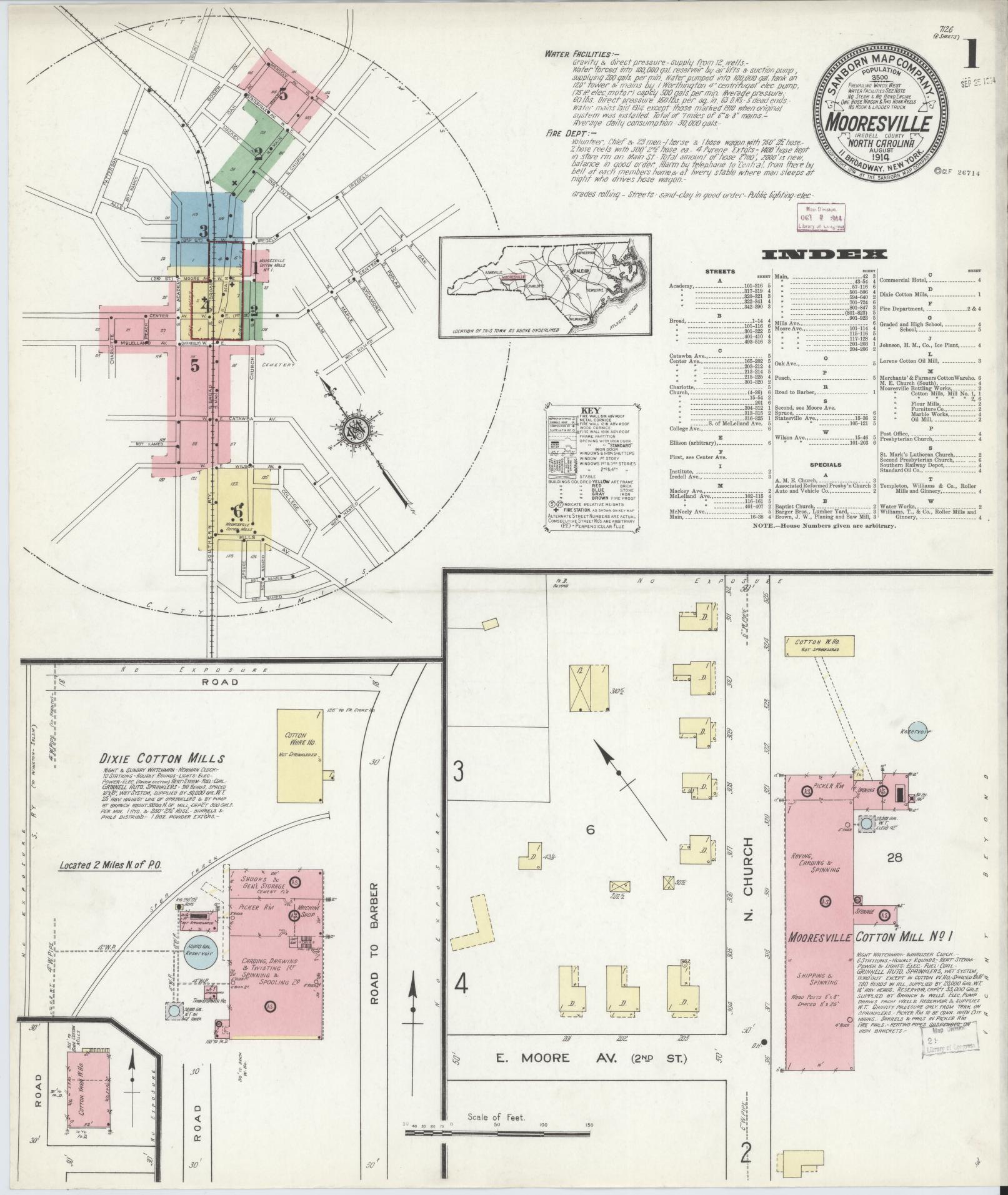 Sanborn Fire Insurance Map from Mooresville, Iredell County, North Carolina (1914), Sheet #0001 - Complete Map Set gallery image, historic Sanborn map, vintage wall art, North Carolina North Carolina