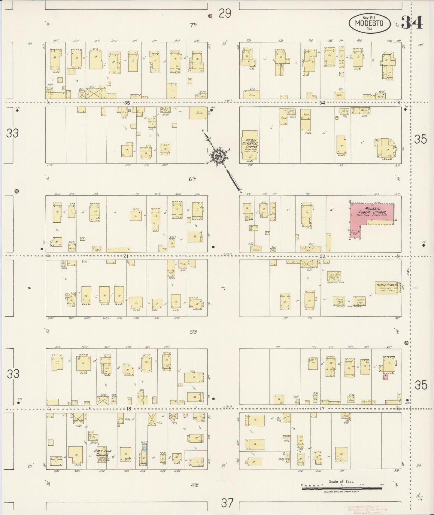 Sanborn Fire Insurance Map from Modesto, Stanislaus County, California (1919), Sheet #0034 - Complete Map Set gallery image, historic Sanborn map, vintage wall art, California California