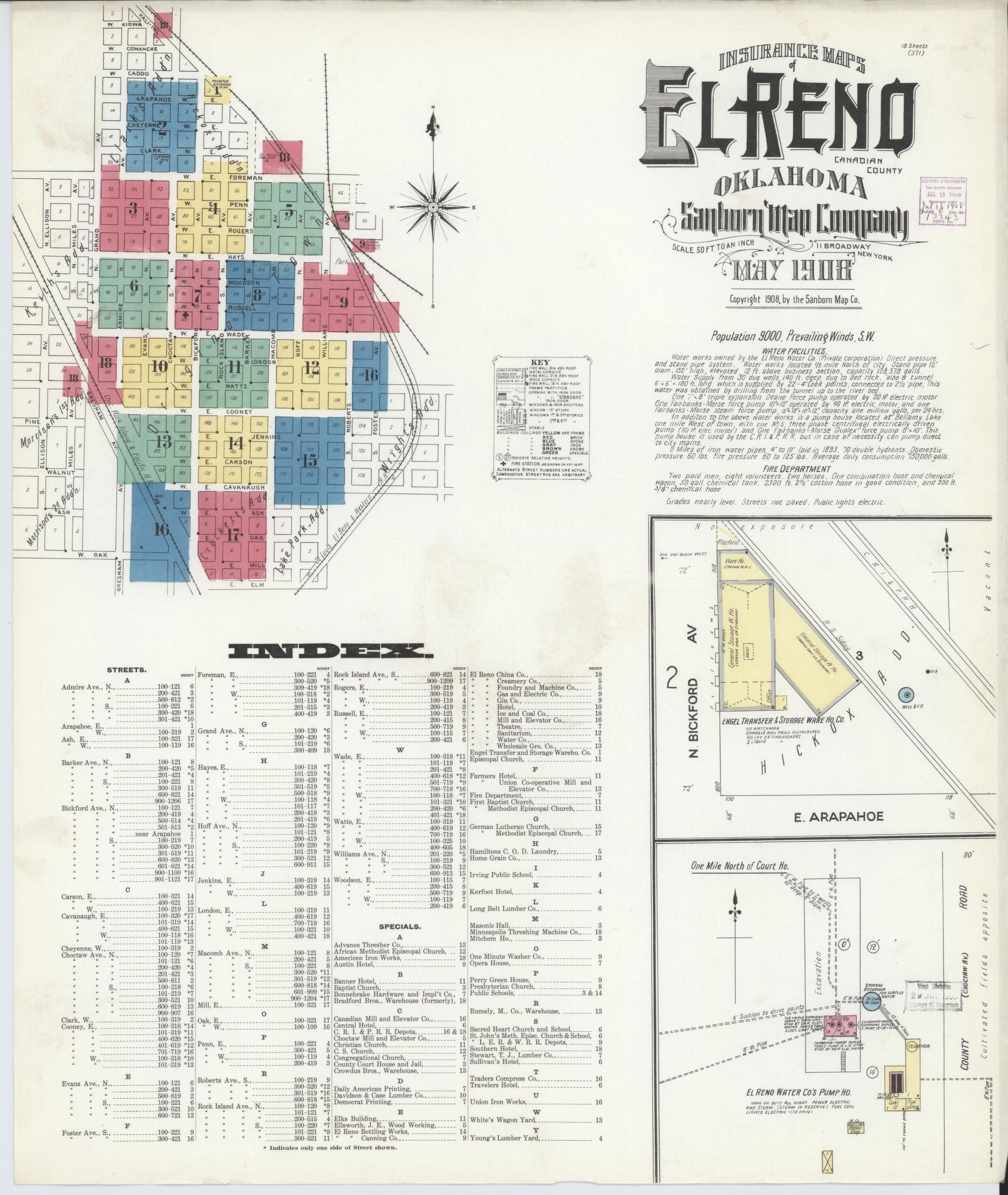 Sanborn Fire Insurance Map from El Reno, Canadian County, Oklahoma (1908), Sheet #0001 - Complete Map Set gallery image, historic Sanborn map, vintage wall art, Oklahoma Oklahoma