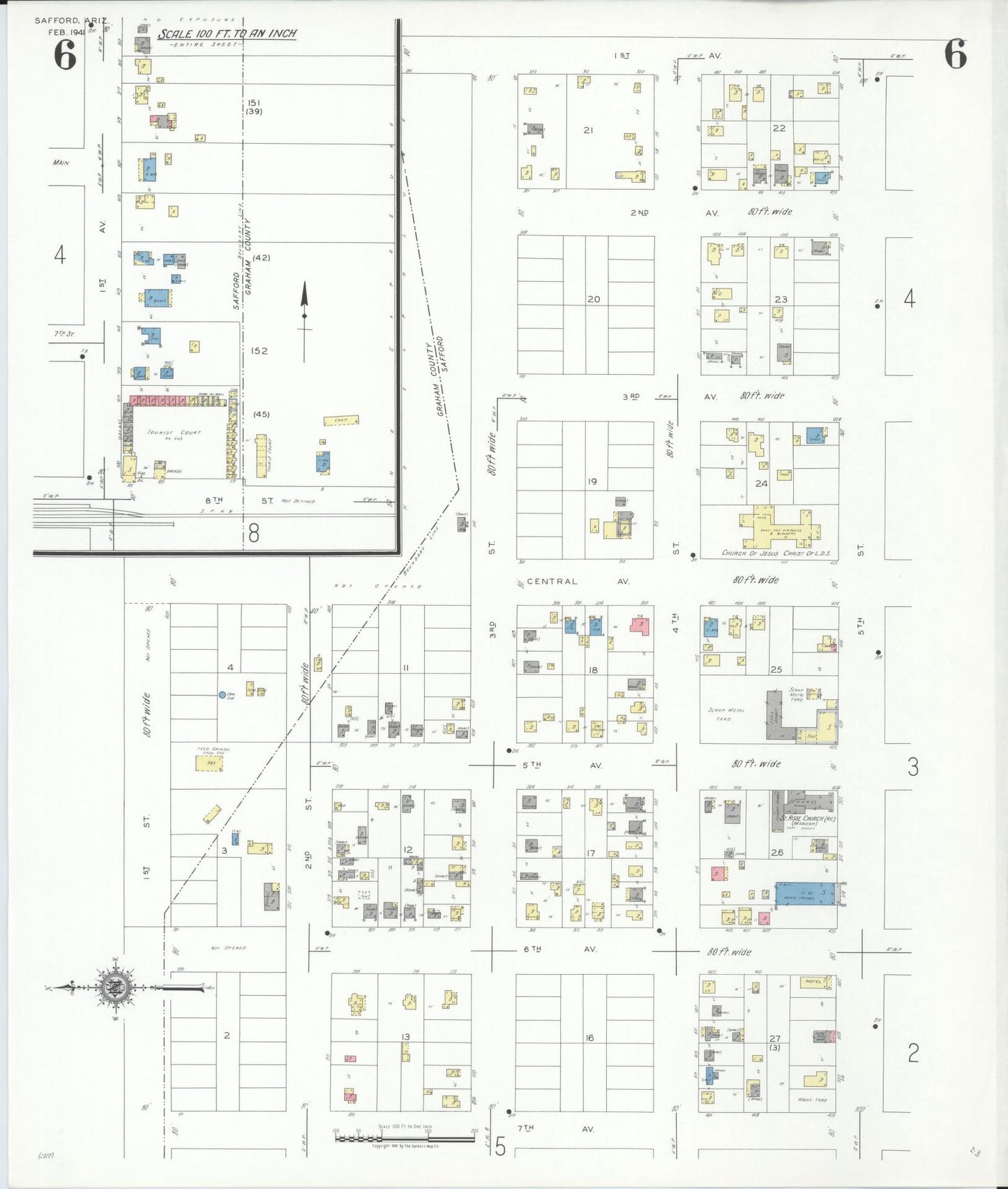 Sanborn Fire Insurance Map from Safford, Graham County, Arizona (1941), Sheet #0006 - Complete Map Set gallery image, historic Sanborn map, vintage wall art, Arizona Arizona