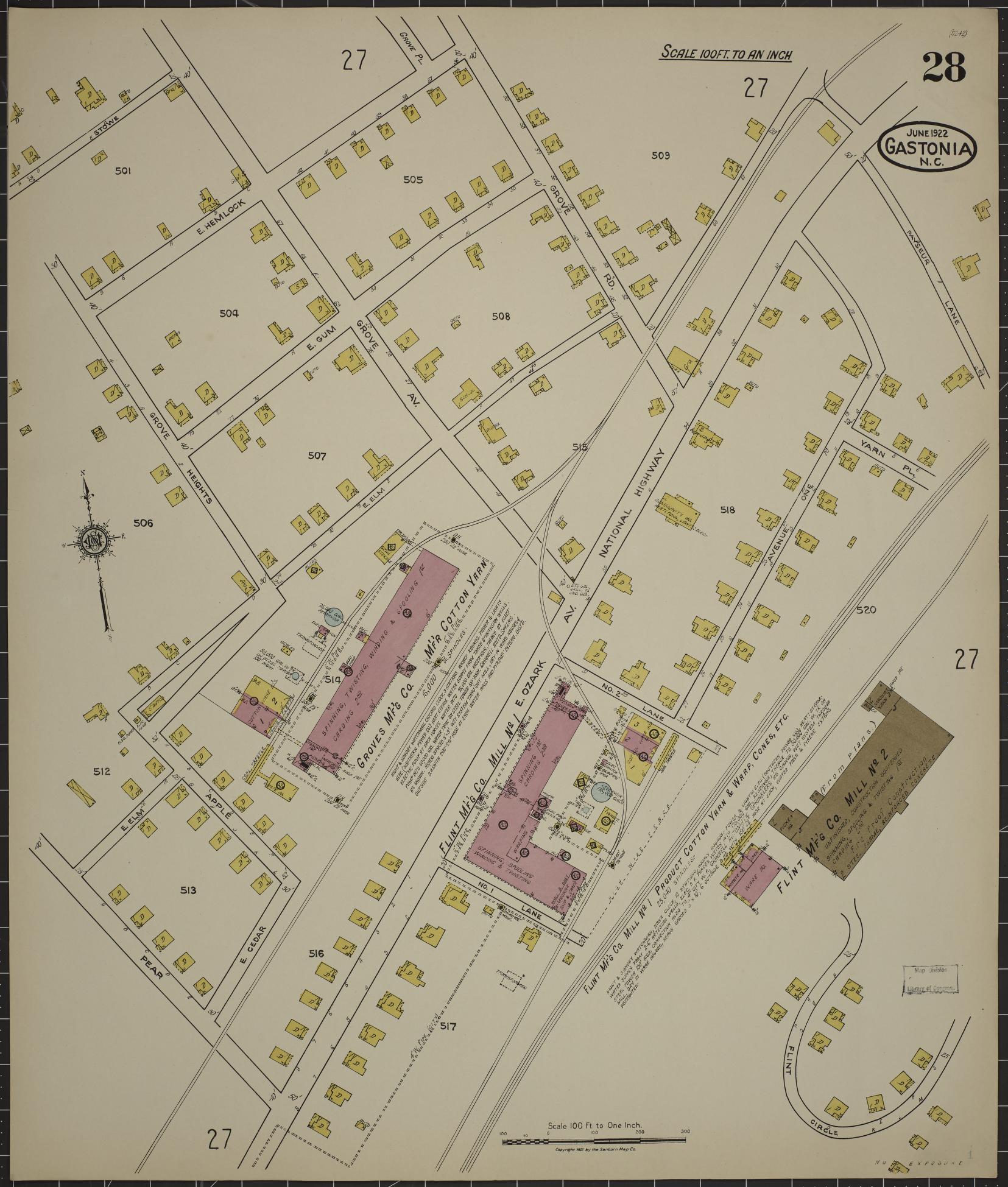Sanborn Fire Insurance Map from Gastonia, Gaston County, North Carolina (1922), Sheet #0028 - Historic Sanborn Fire Insurance Map Print, vintage old map wall art, antique decor, genealogy gift, North Carolina North Carolina map