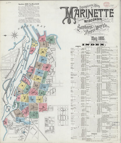 Sanborn Fire Insurance Map from Marinette, Marinette County, Wisconsin (1895), Sheet #0001 - Historic Sanborn Fire Insurance Map Print, vintage old map wall art, antique decor, genealogy gift, Wisconsin Wisconsin map