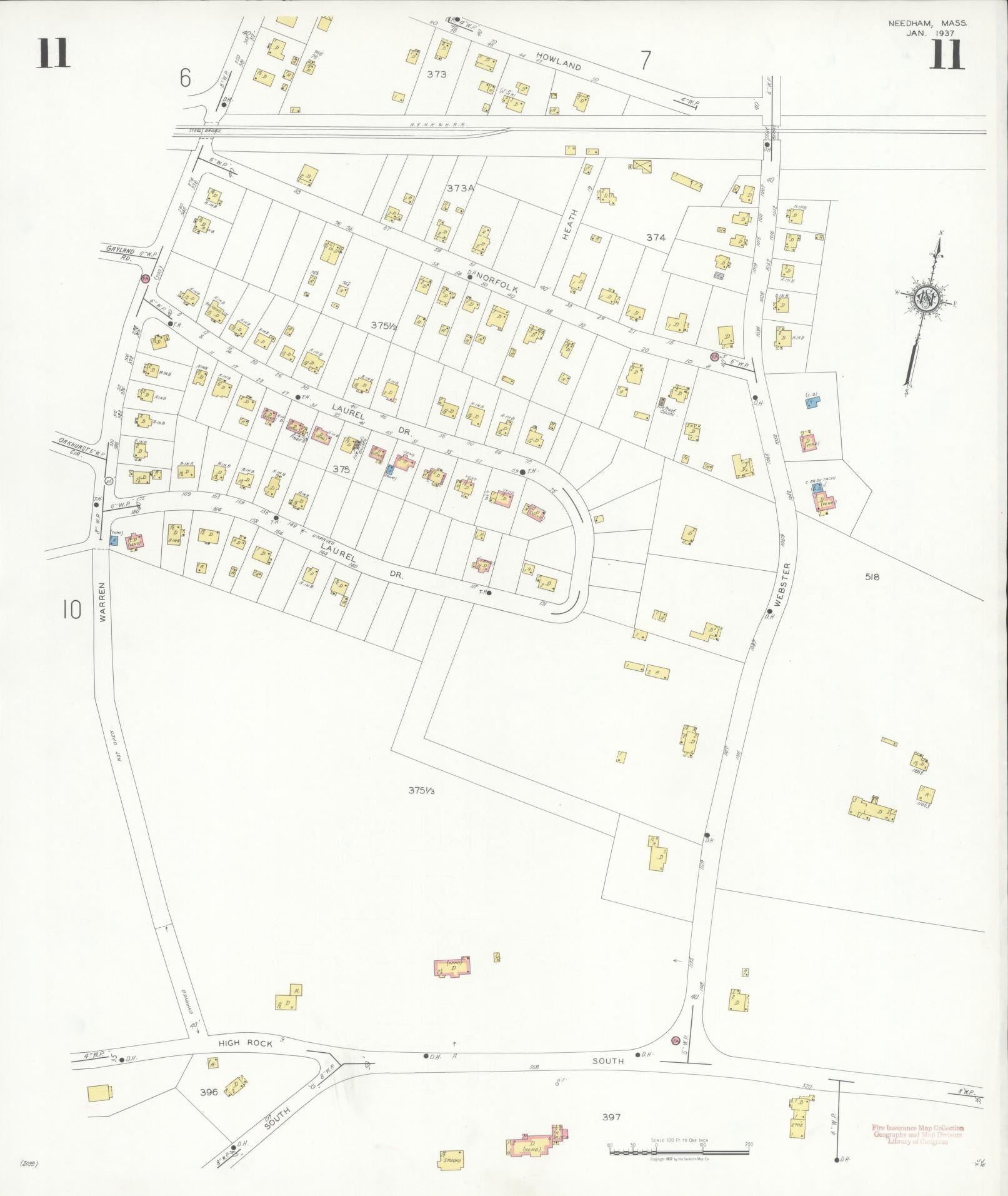 Sanborn Fire Insurance Map from Needham, Norfolk County, Massachusetts (1937), Sheet #0011 - Complete Map Set gallery image, historic Sanborn map, vintage wall art, Massachusetts Massachusetts