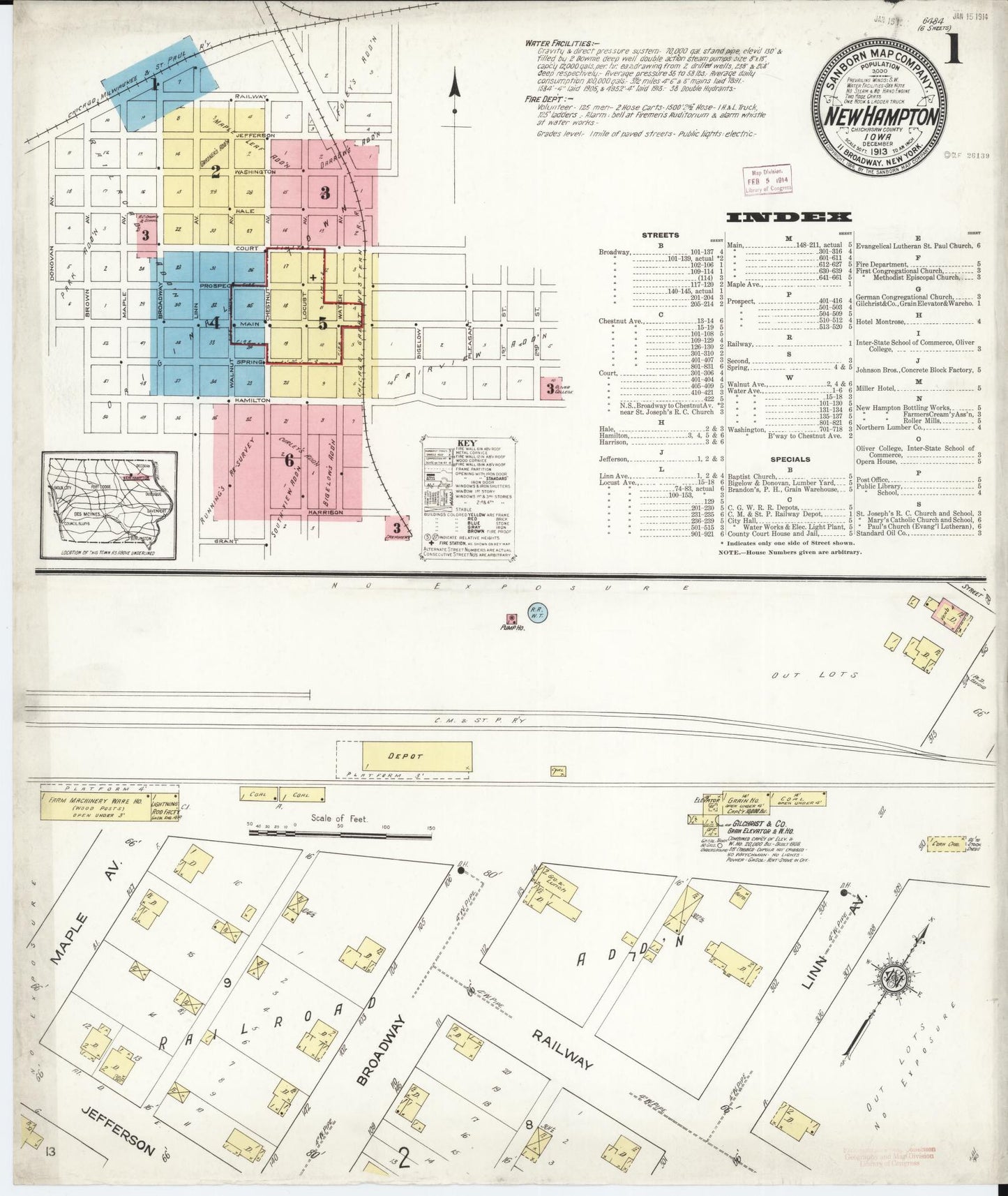 Sanborn Fire Insurance Map from New Hampton, Chickasaw County, Iowa (1913), Sheet #0001 - Historic Sanborn Fire Insurance Map Print