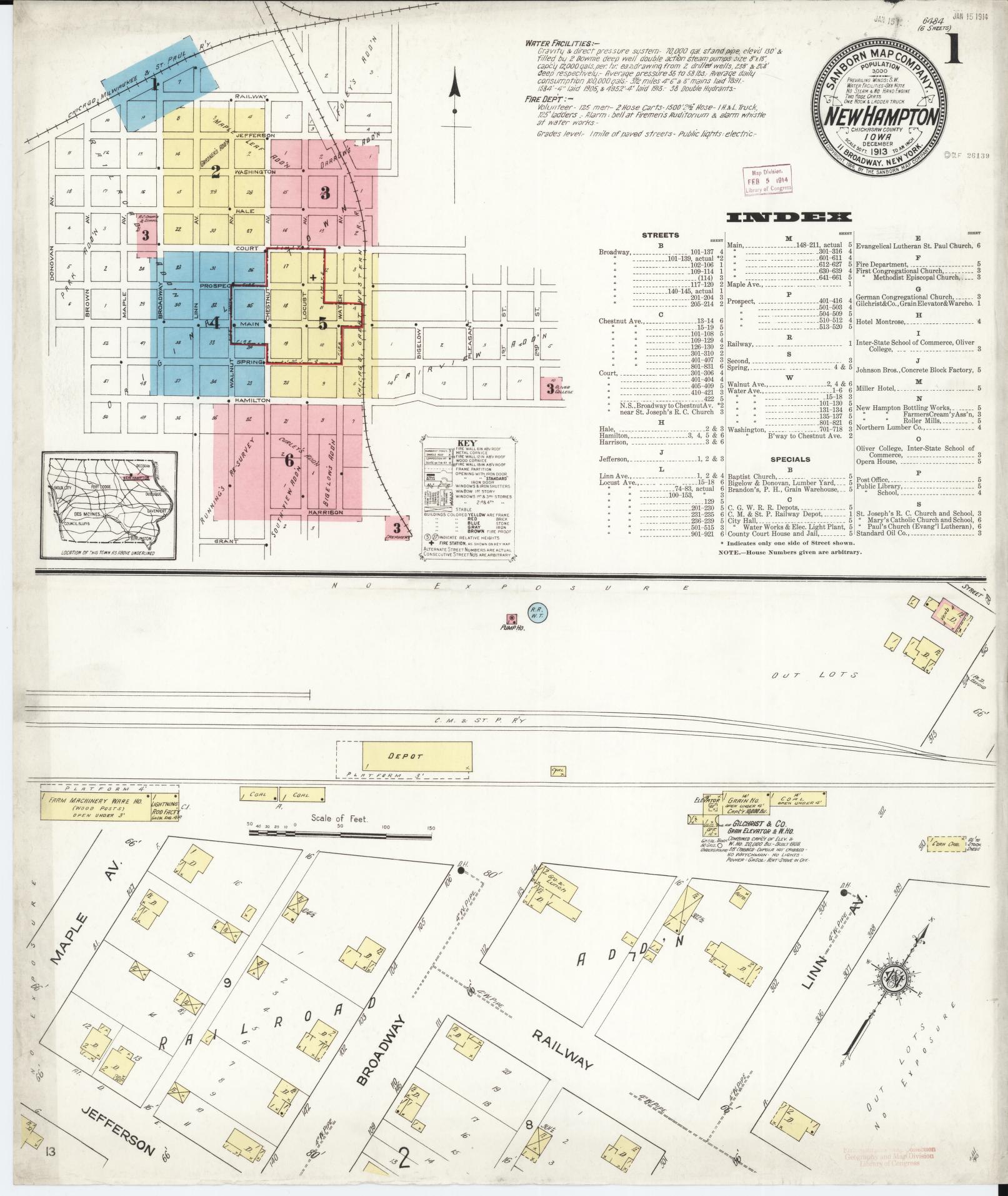 Sanborn Fire Insurance Map from New Hampton, Chickasaw County, Iowa (1913), Sheet #0001 - Historic Sanborn Fire Insurance Map Print