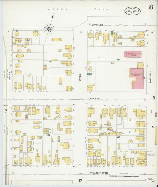Sanborn Fire Insurance Map from Columbia, Richland County, South Carolina (1904), Sheet #0008 - Historic Sanborn Fire Insurance Map Print, vintage old map wall art, antique decor, genealogy gift, South Carolina South Carolina map