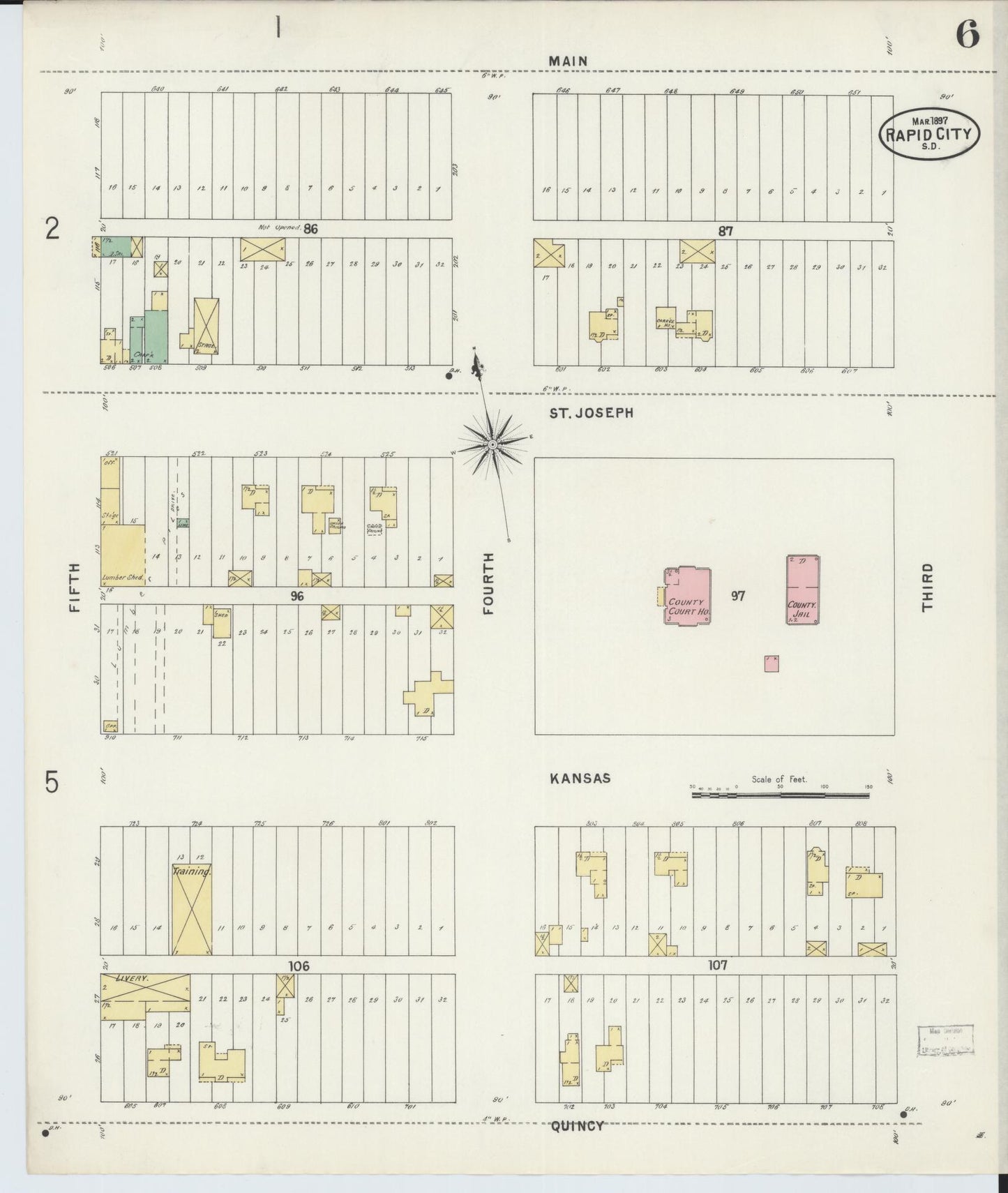 Sanborn Fire Insurance Map from Rapid City, Pennington County, South Dakota (1897), Sheet #0006 - Complete Map Set gallery image, historic Sanborn map, vintage wall art, South Dakota South Dakota