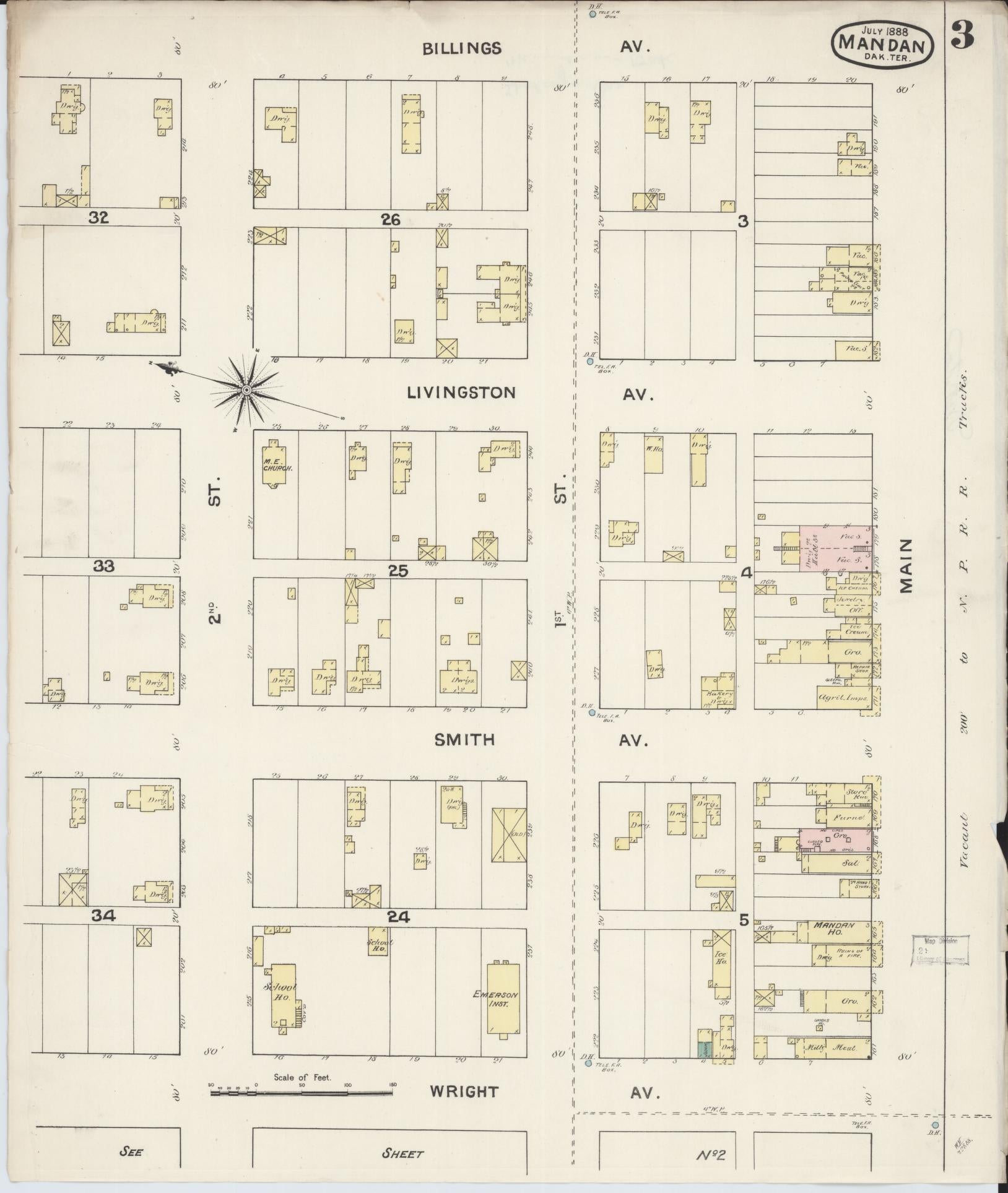Sanborn Fire Insurance Map from Mandan, Morton County, North Dakota (1888), Sheet #0003 - Historic Sanborn Fire Insurance Map Print, vintage old map wall art, antique decor, genealogy gift, North Dakota North Dakota map