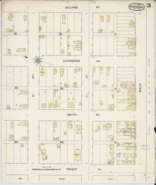 Sanborn Fire Insurance Map from Mandan, Morton County, North Dakota (1888), Sheet #0003 - Historic Sanborn Fire Insurance Map Print, vintage old map wall art, antique decor, genealogy gift, North Dakota North Dakota map
