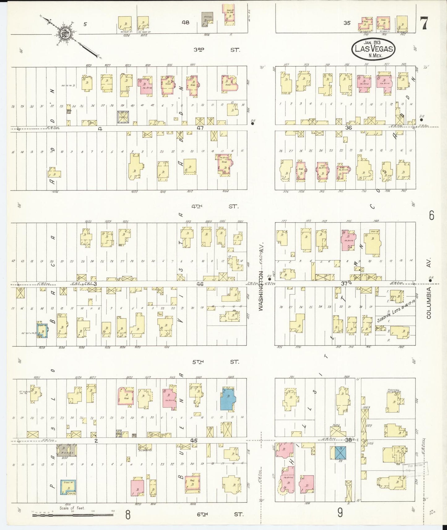 Sanborn Fire Insurance Map from Las Vegas, San Miguel County, New Mexico (1913), Sheet #0007 - Historic Sanborn Fire Insurance Map Print, vintage old map wall art, antique decor, genealogy gift, New Mexico New Mexico map