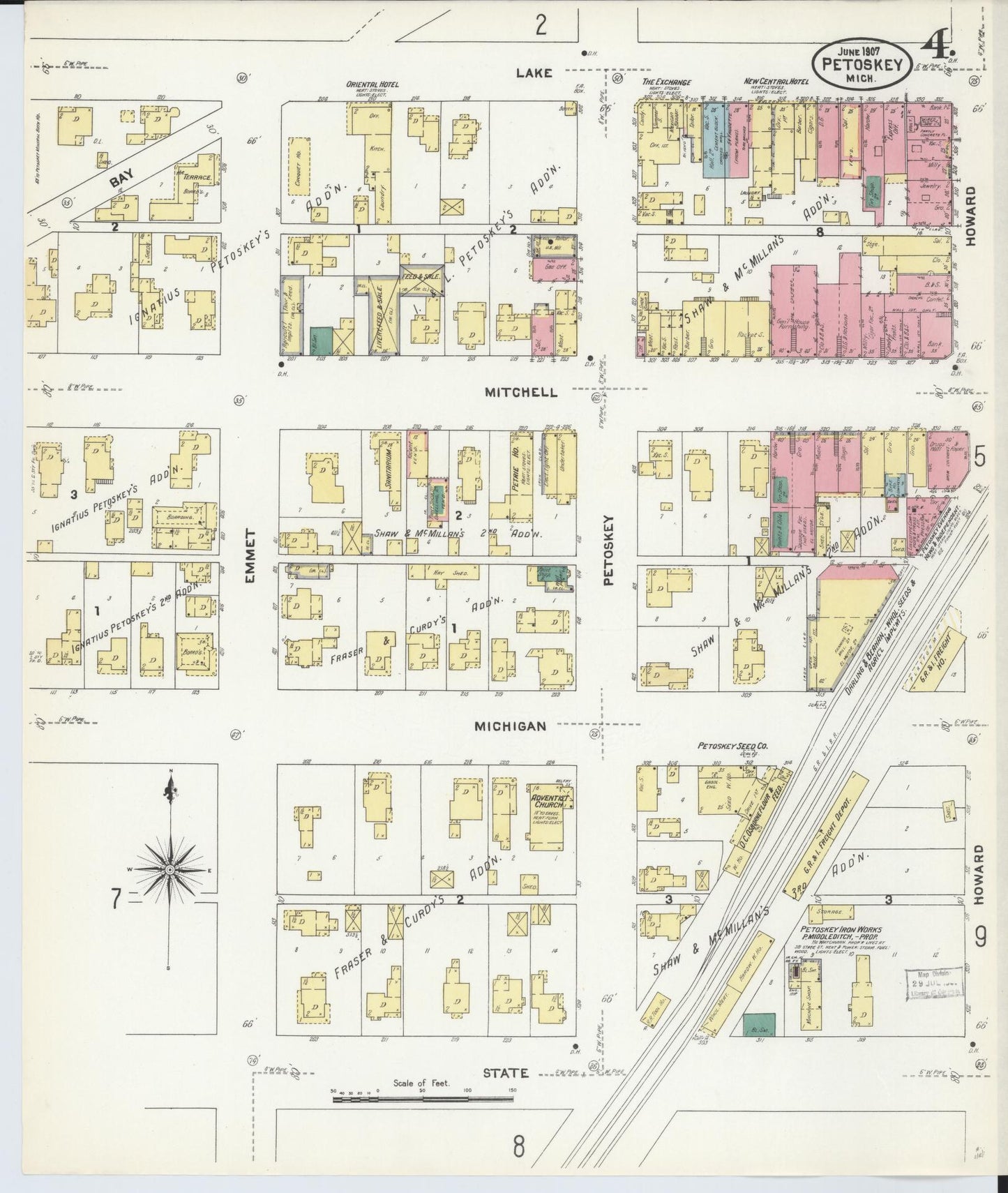 Sanborn Fire Insurance Map from Petoskey, Emmet County, Michigan (1907), Sheet #0004 - Complete Map Set gallery image, historic Sanborn map, vintage wall art, Michigan Michigan