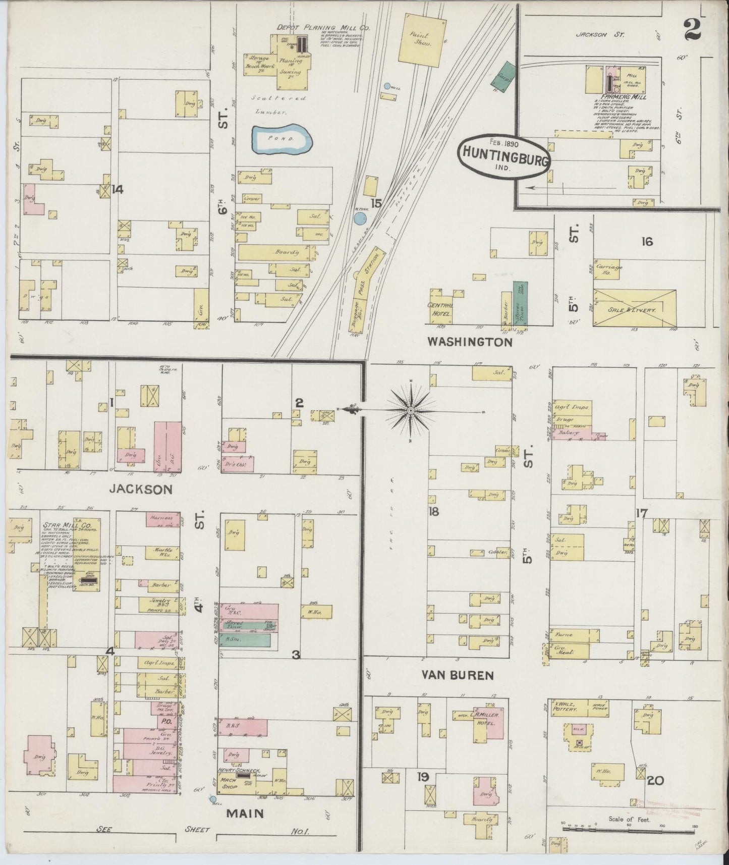 Sanborn Fire Insurance Map from Huntingburg, Dubois County, Indiana (1890), Sheet #0002 - Complete Map Set gallery image, historic Sanborn map, vintage wall art, Indiana Indiana