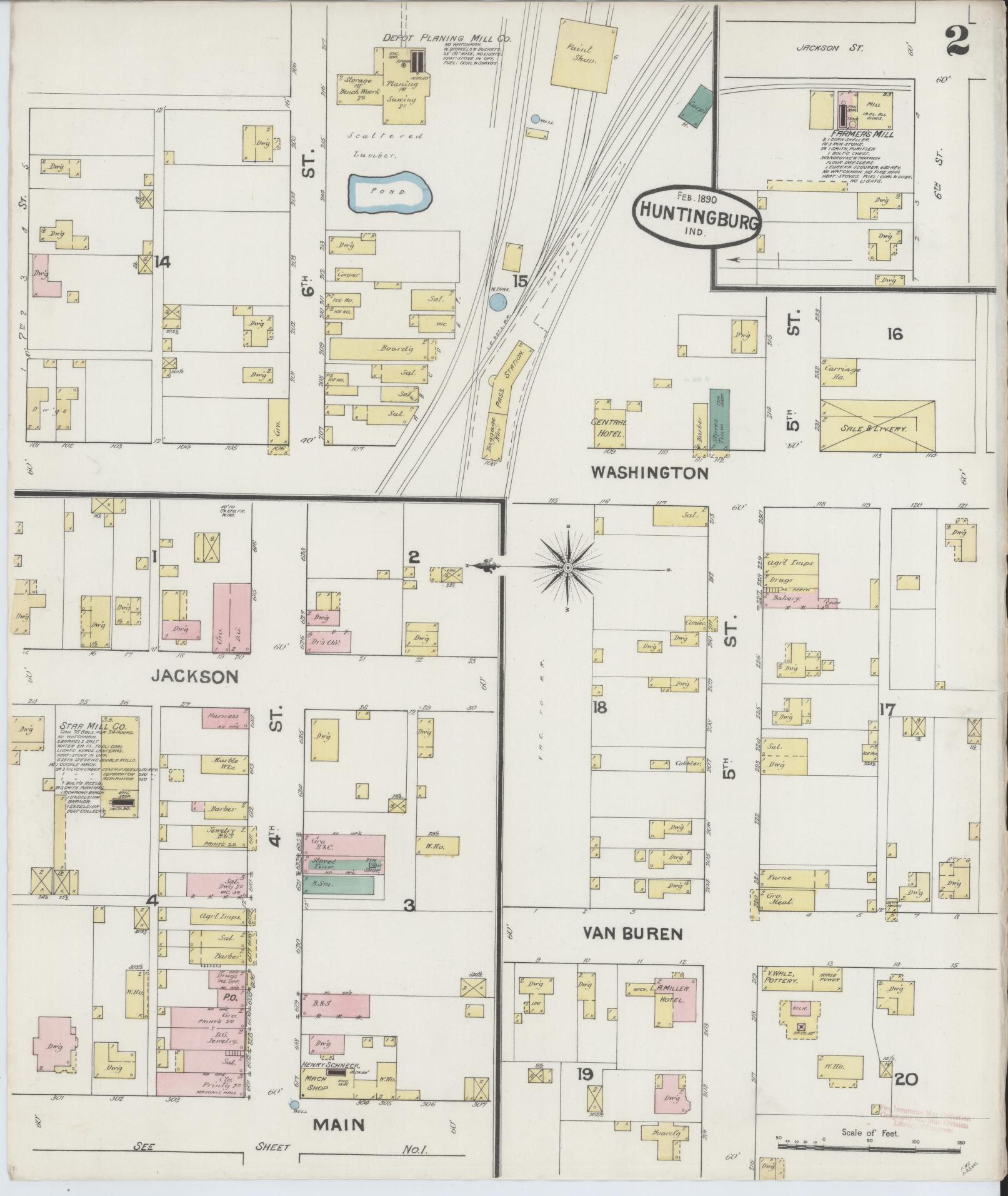 Sanborn Fire Insurance Map from Huntingburg, Dubois County, Indiana (1890), Sheet #0002 - Complete Map Set gallery image, historic Sanborn map, vintage wall art, Indiana Indiana
