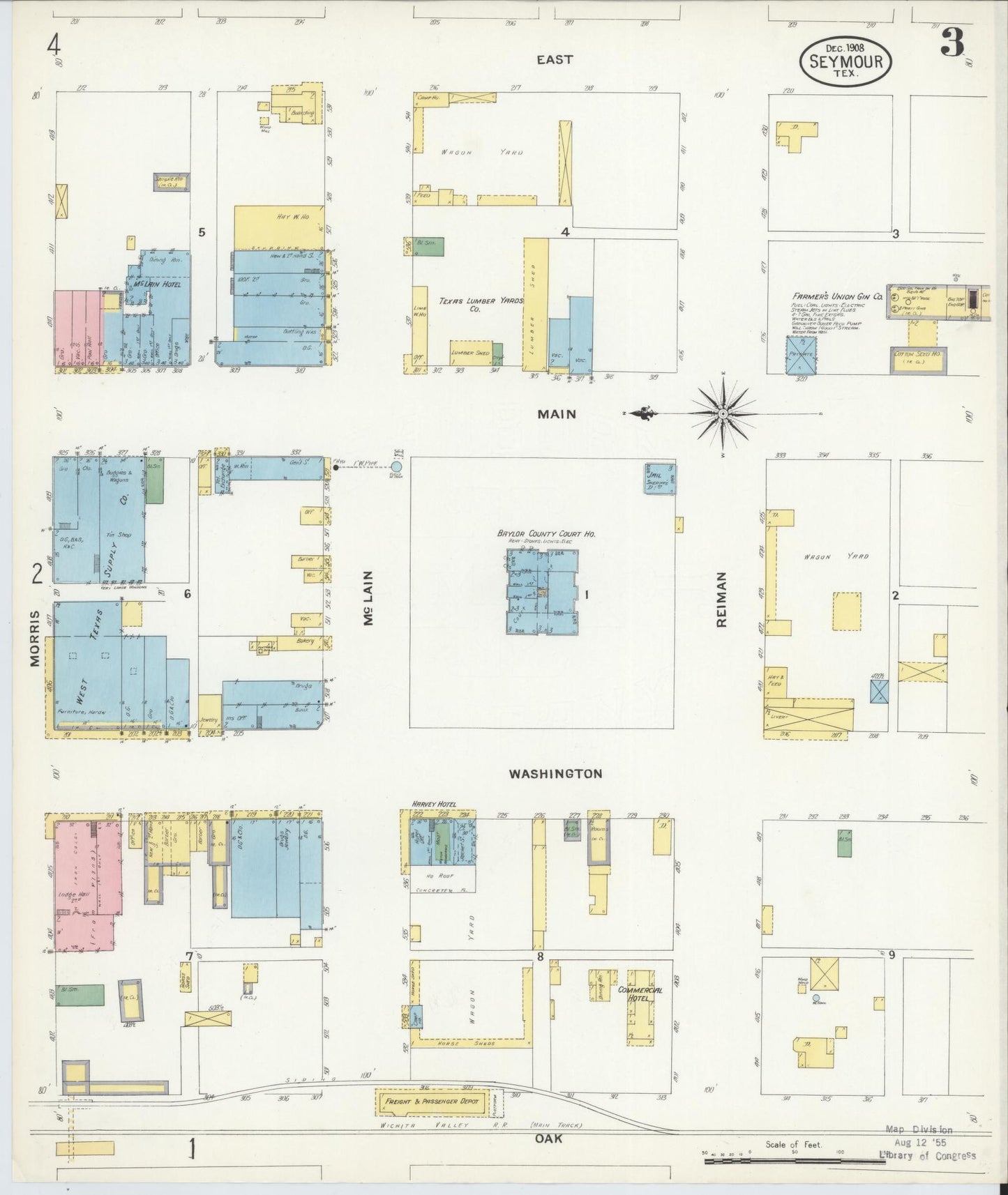Sanborn Fire Insurance Map from Seymour, Baylor County, Texas (1908), Sheet #0003 - Historic Sanborn Fire Insurance Map Print, vintage old map wall art, antique decor, genealogy gift, Texas Texas map