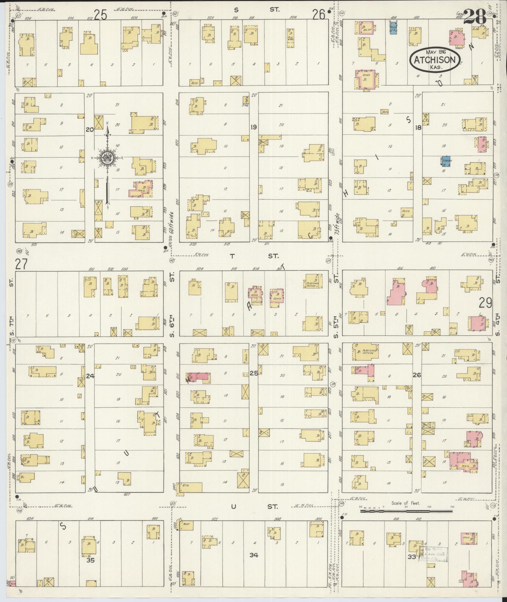 Sanborn Fire Insurance Map from Atchison, Atchison County, Kansas (1916), Sheet #0028 - Historic Sanborn Fire Insurance Map Print, vintage old map wall art, antique decor, genealogy gift, Kansas Kansas map