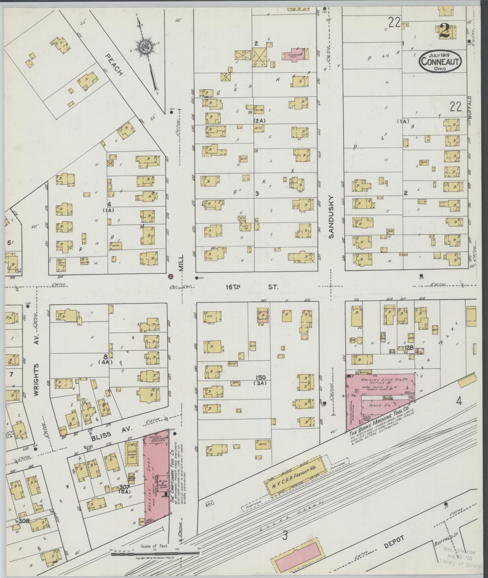 Sanborn Fire Insurance Map from Conneaut, Ashtabula County, Ohio (1919), Sheet #0002 - Historic Sanborn Fire Insurance Map Print, vintage old map wall art, antique decor, genealogy gift, Ohio Ohio map