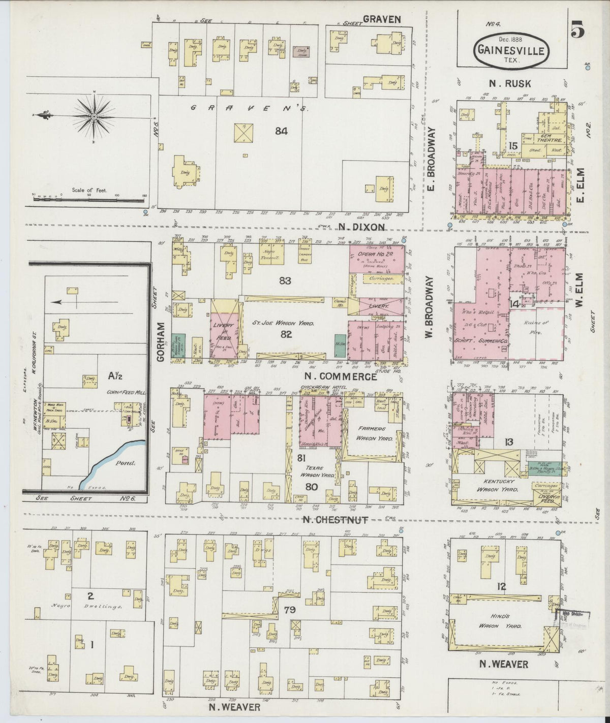Sanborn Fire Insurance Map from Gainesville, Cooke County, Texas (1888), Sheet #0005 - Historic Sanborn Fire Insurance Map Print, vintage old map wall art, antique decor, genealogy gift, Texas Texas map
