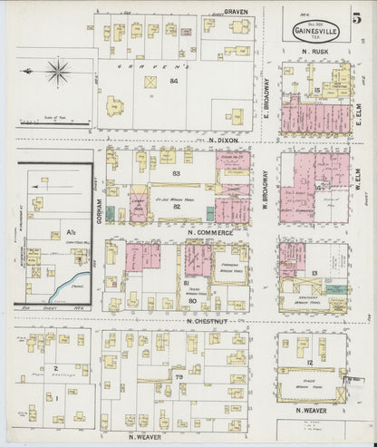 Sanborn Fire Insurance Map from Gainesville, Cooke County, Texas (1888), Sheet #0005 - Historic Sanborn Fire Insurance Map Print, vintage old map wall art, antique decor, genealogy gift, Texas Texas map