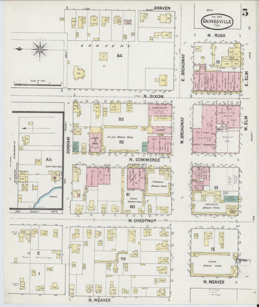 Sanborn Fire Insurance Map from Gainesville, Cooke County, Texas (1888), Sheet #0005 - Historic Sanborn Fire Insurance Map Print, vintage old map wall art, antique decor, genealogy gift, Texas Texas map