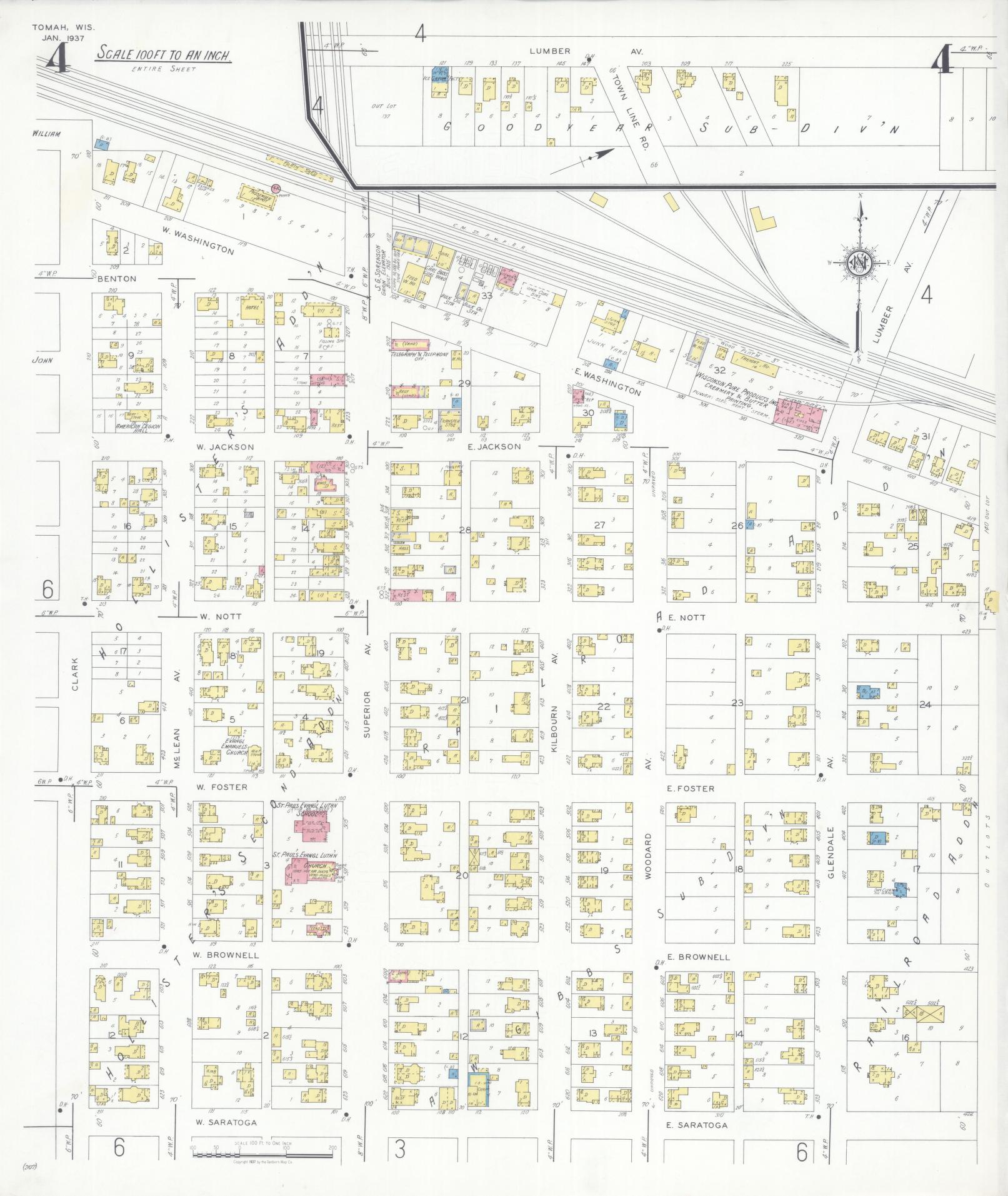 Sanborn Fire Insurance Map from Tomah, Monroe County, Wisconsin (1937), Sheet #0004 - Historic Sanborn Fire Insurance Map Print, vintage old map wall art, antique decor, genealogy gift, Wisconsin Wisconsin map
