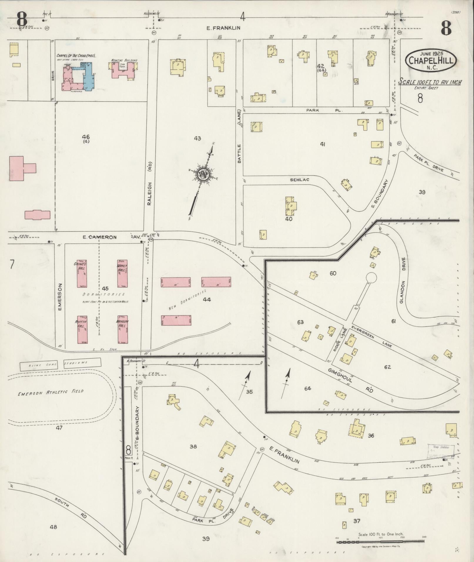 Sanborn Fire Insurance Map from Chapel Hill, Orange County, North Carolina (1925), Sheet #0008 - Complete Map Set gallery image, historic Sanborn map, vintage wall art, North Carolina North Carolina
